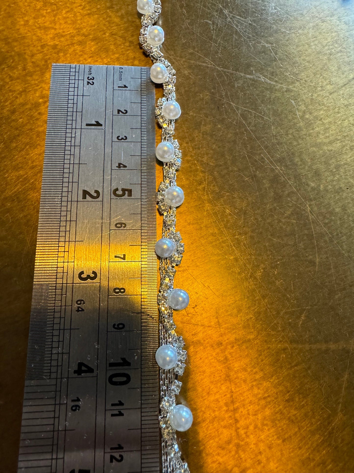 Rhinestone Pearl Wavy Chain Trim, Bridal Dress Applique