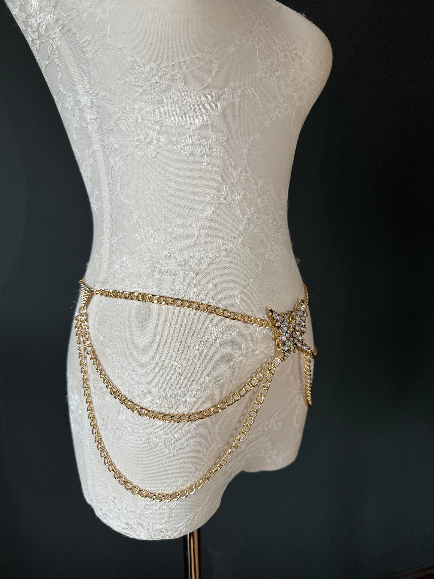 Butterfly Rhinestone Gold Chain Belt, Fashion Body Jewelry