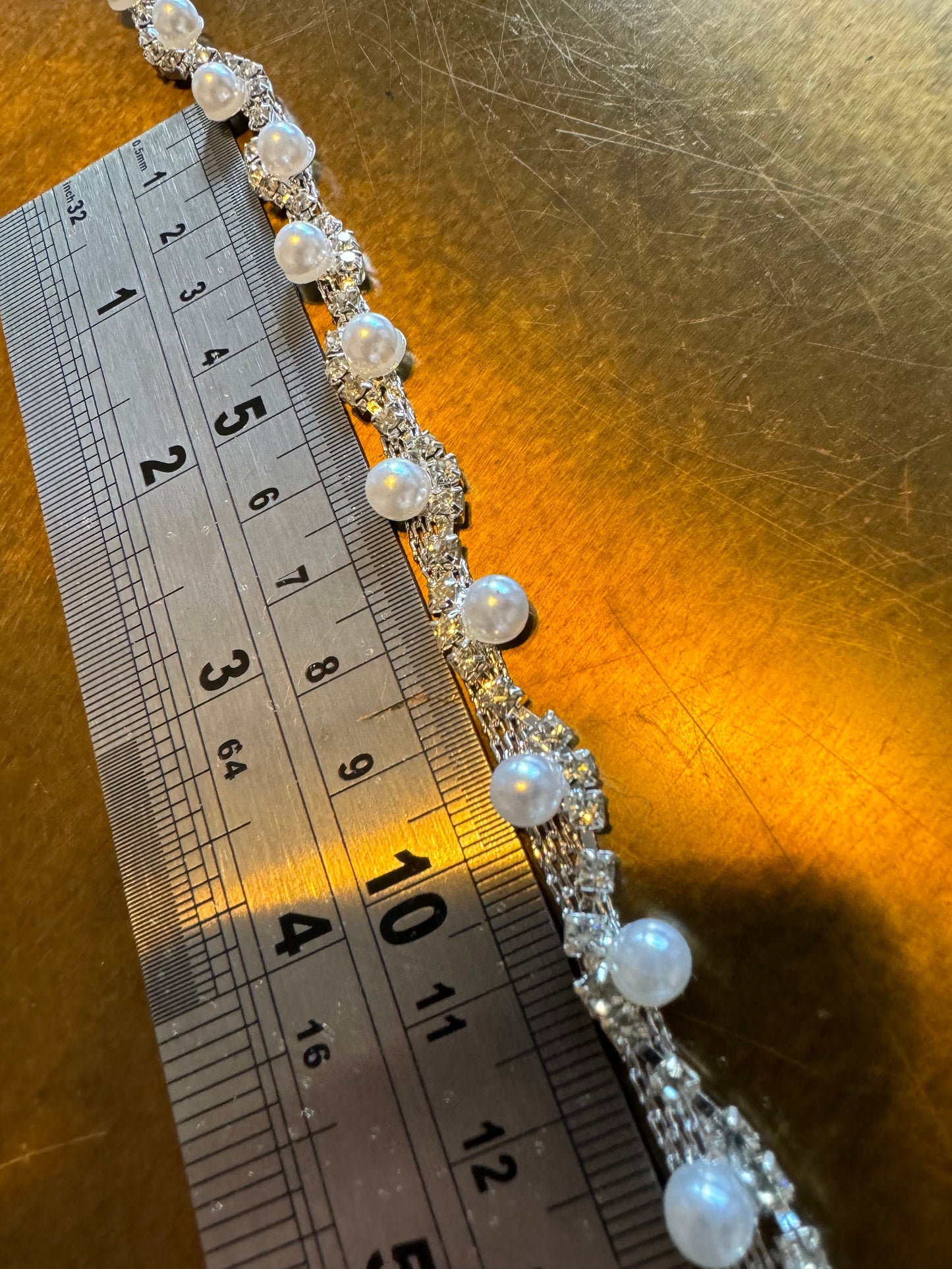 Rhinestone Pearl Wavy Chain Trim, Bridal Dress Applique