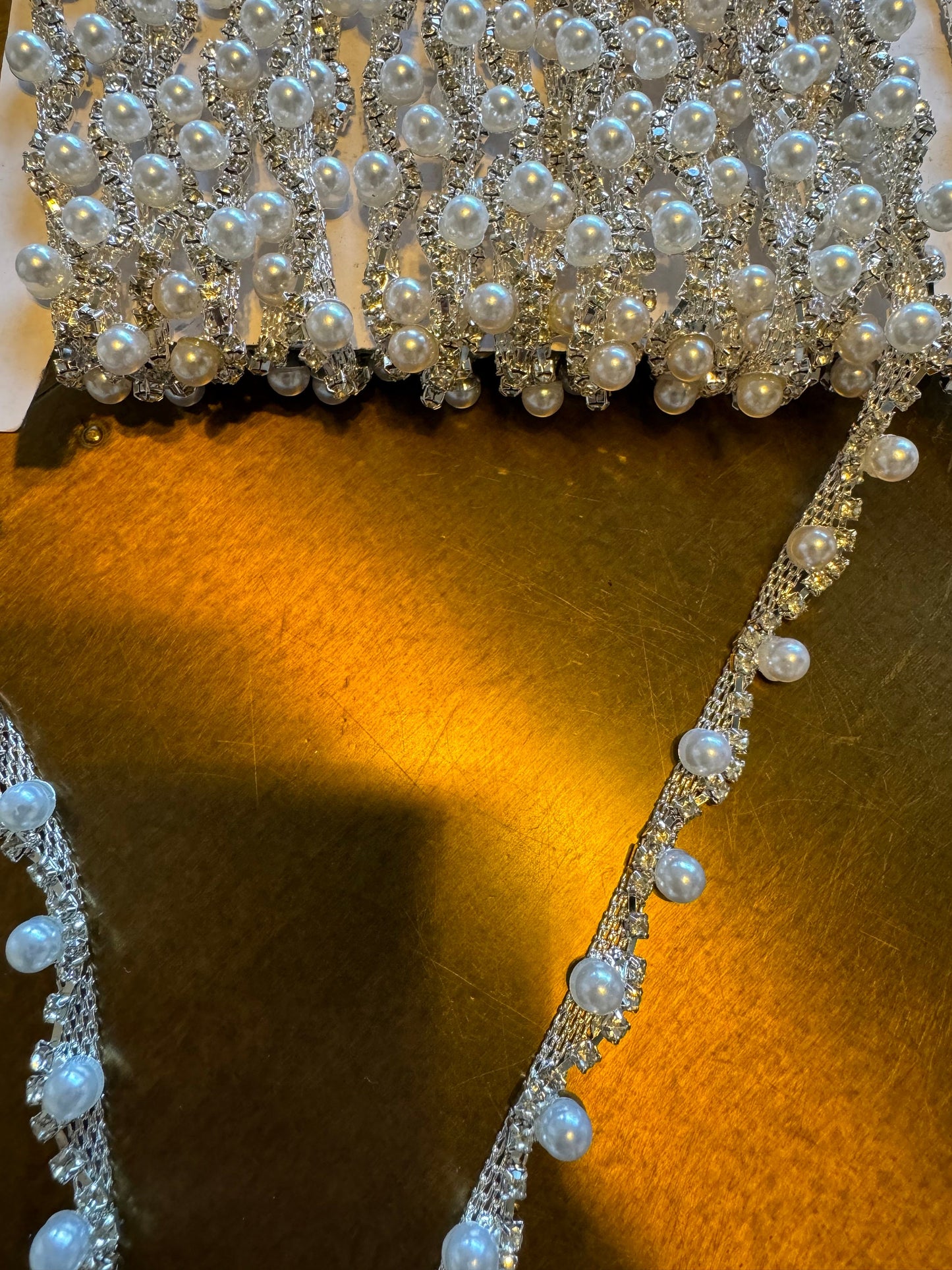 Rhinestone Pearl Wavy Chain Trim, Bridal Dress Applique