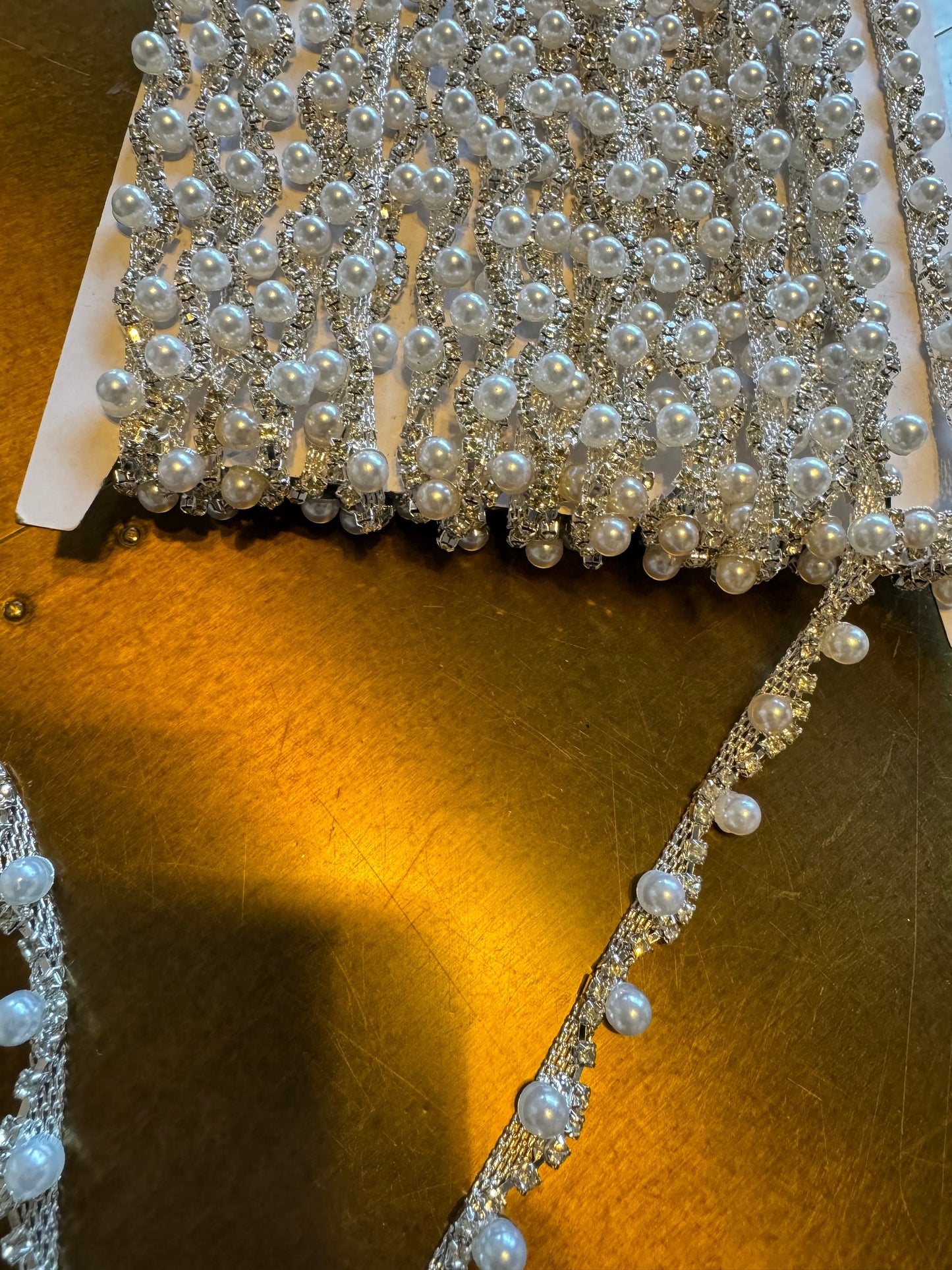 Rhinestone Pearl Wavy Chain Trim, Bridal Dress Applique