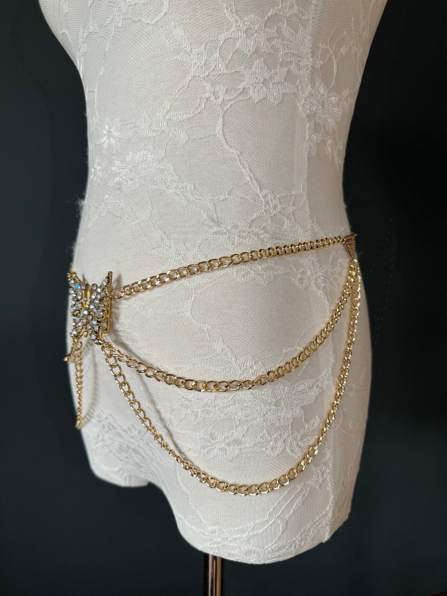 Butterfly Rhinestone Gold Chain Belt, Fashion Body Jewelry