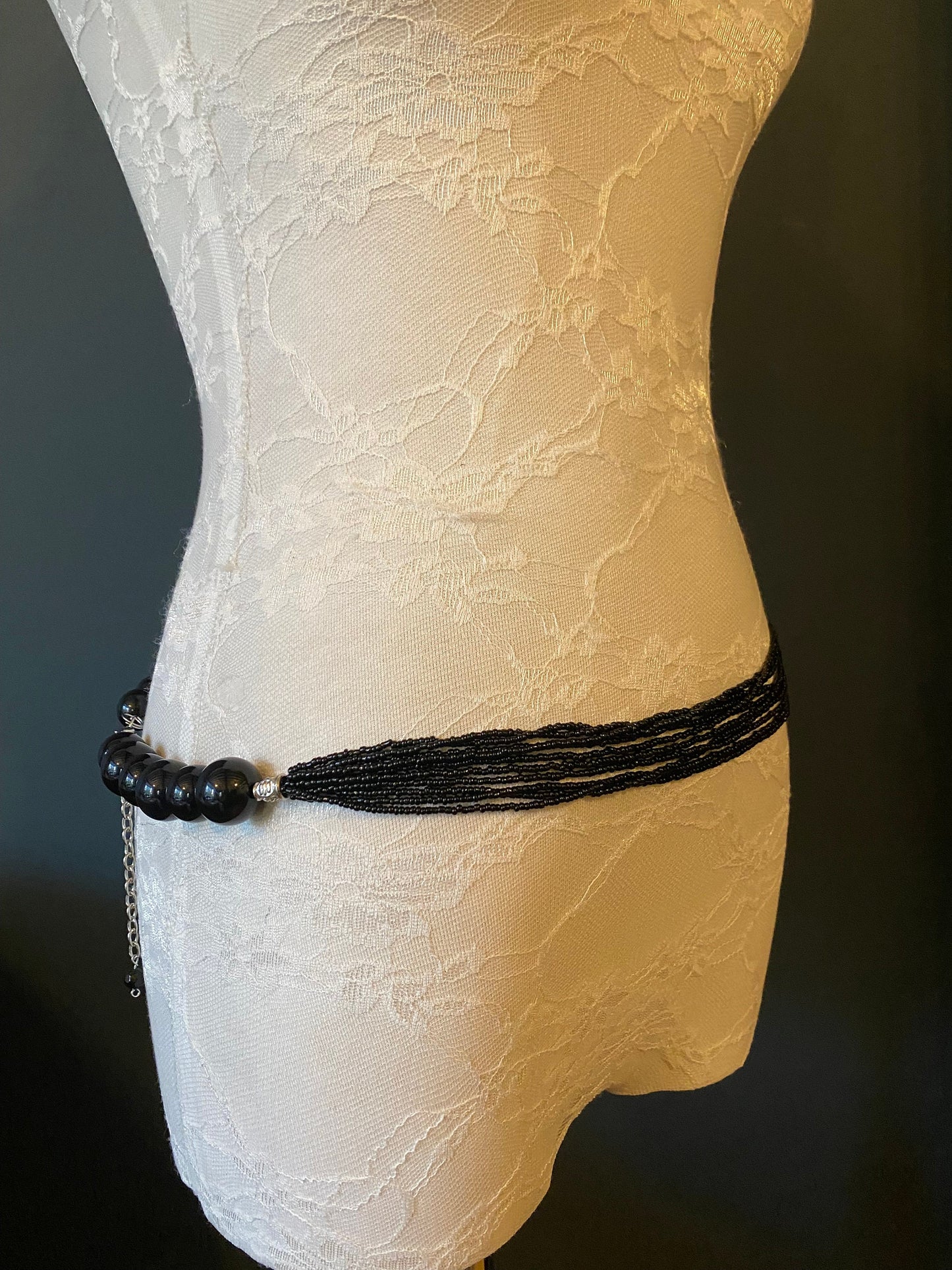 Black Bugle Beaded Belt, Elegant Fashion Accessory