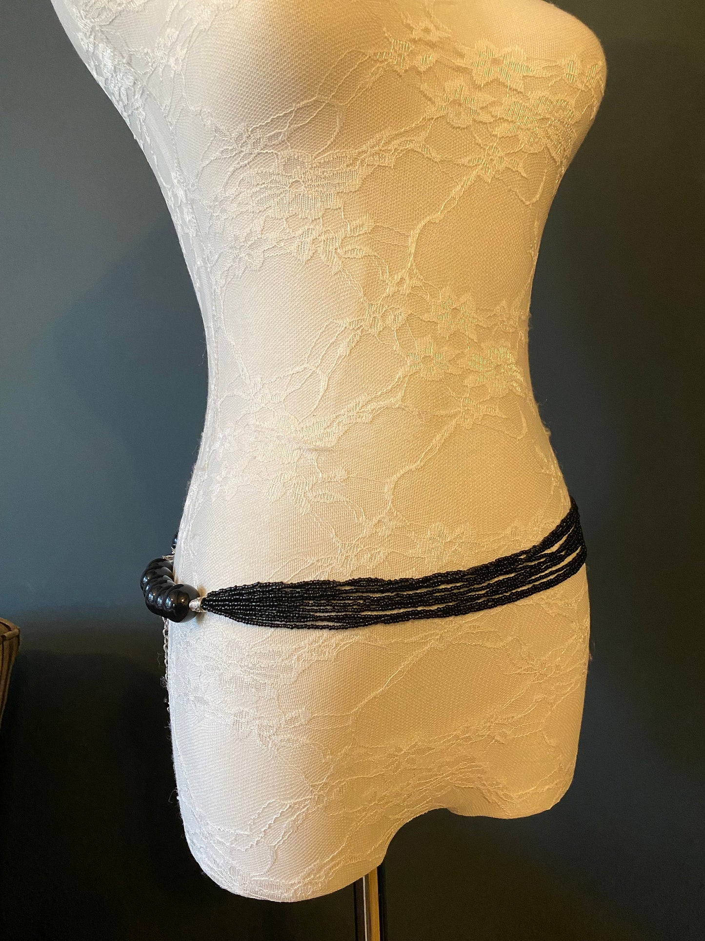 Black Bugle Beaded Belt, Elegant Fashion Accessory