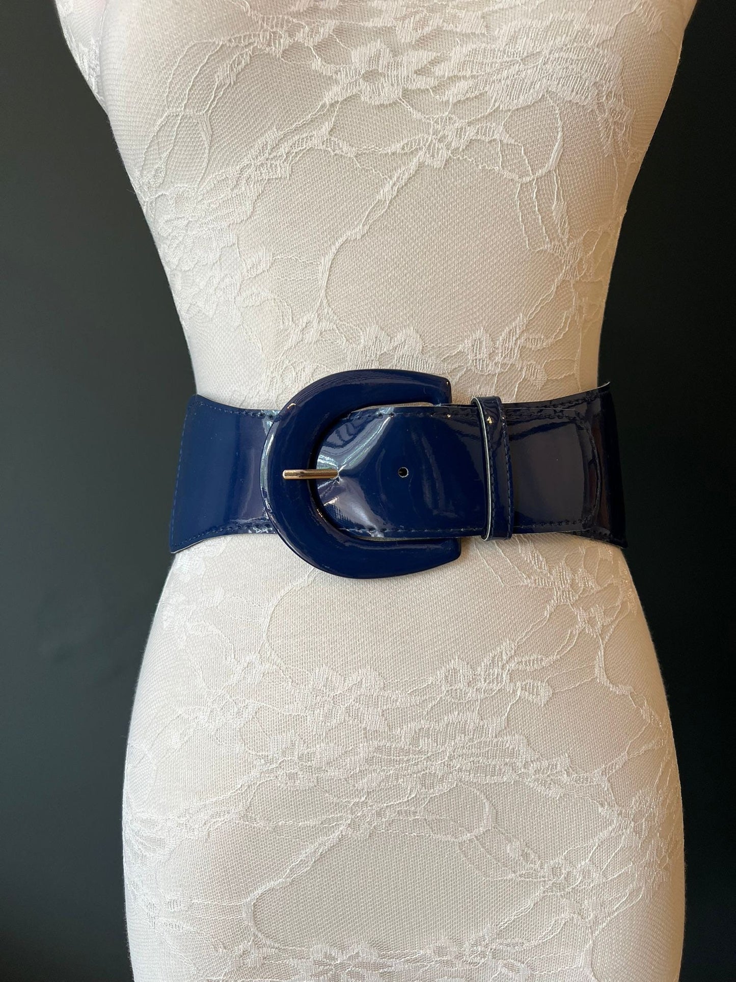 Navy Patent Leather Elastic Belt, Handmade Adjustable UK 8-16