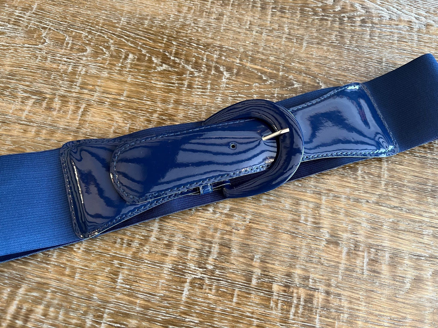 Navy Patent Leather Elastic Belt, Handmade Adjustable UK 8-16