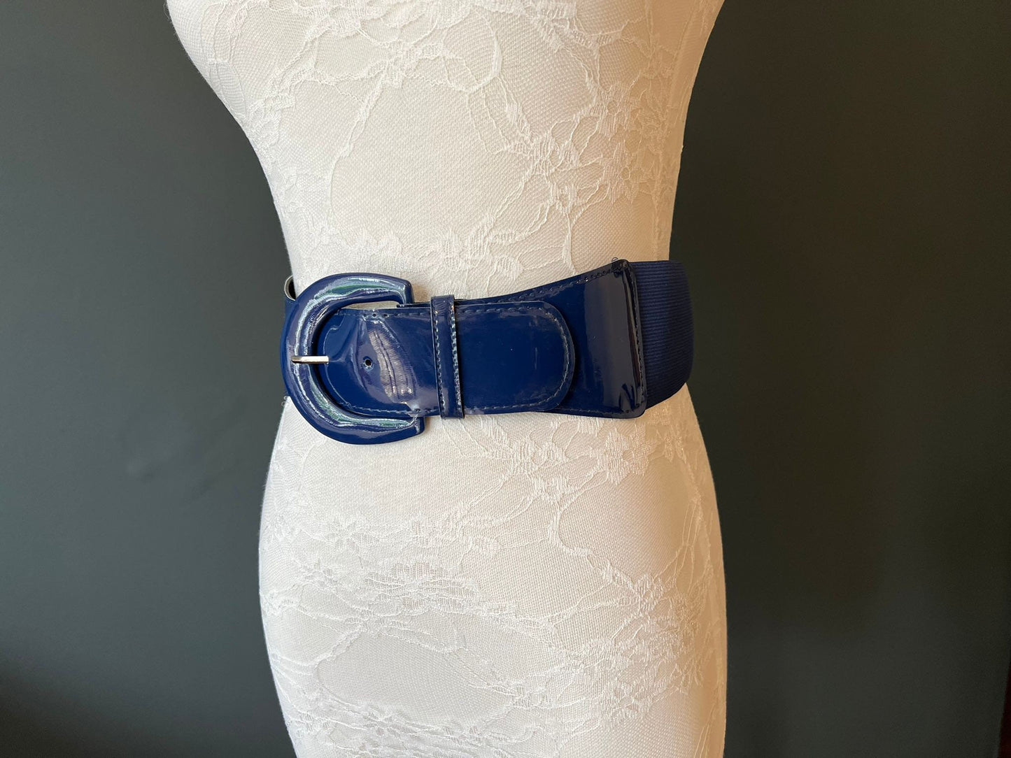 Navy Patent Leather Elastic Belt, Handmade Adjustable UK 8-16