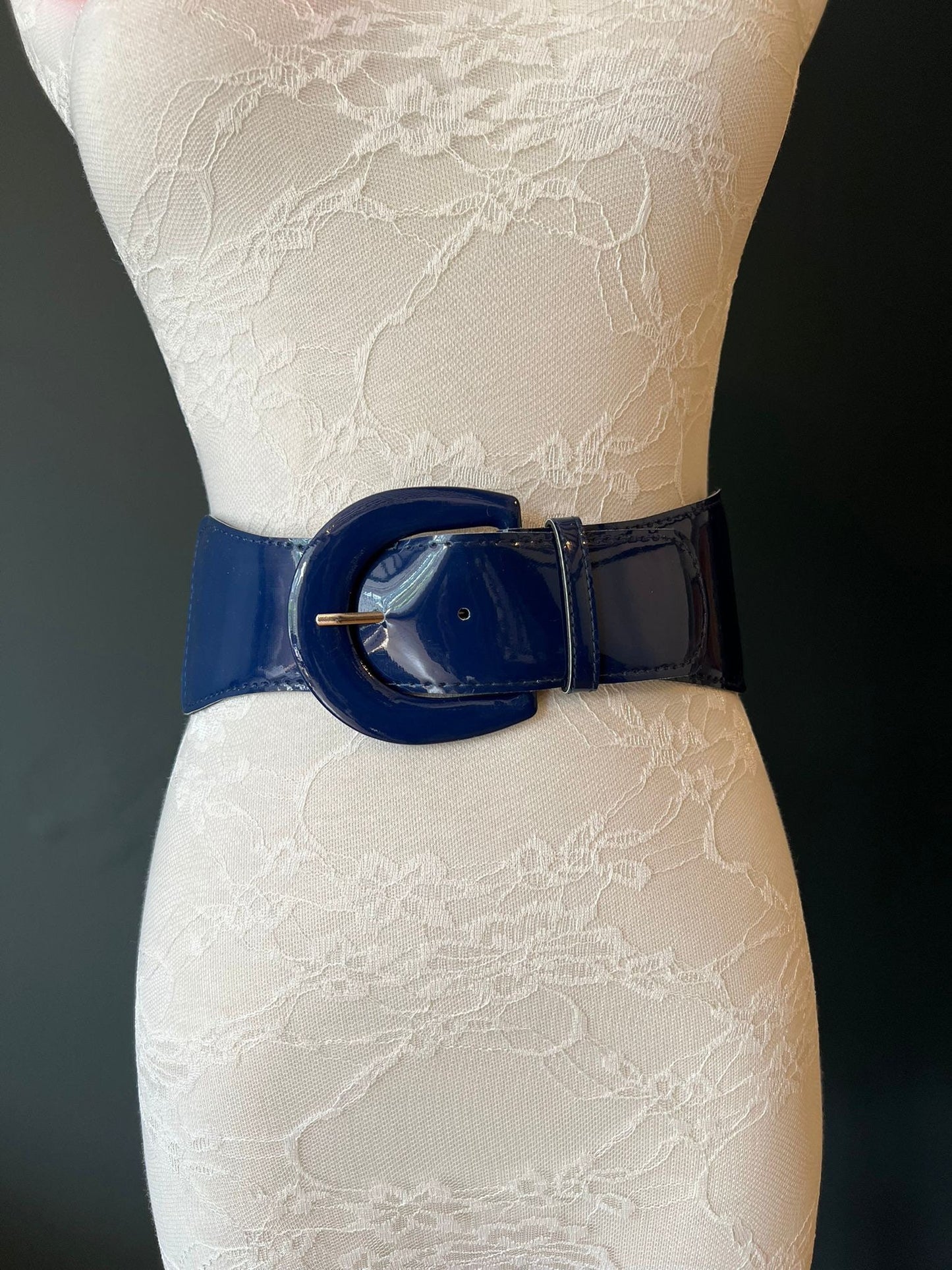 Navy Patent Leather Elastic Belt, Handmade Adjustable UK 8-16