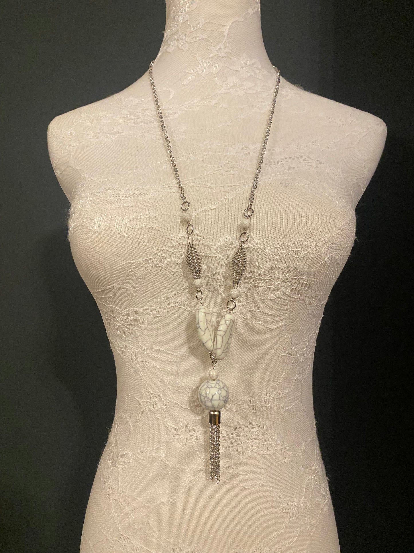 Handmade Marble Bead Necklace, Silver Chain, FAN Design
