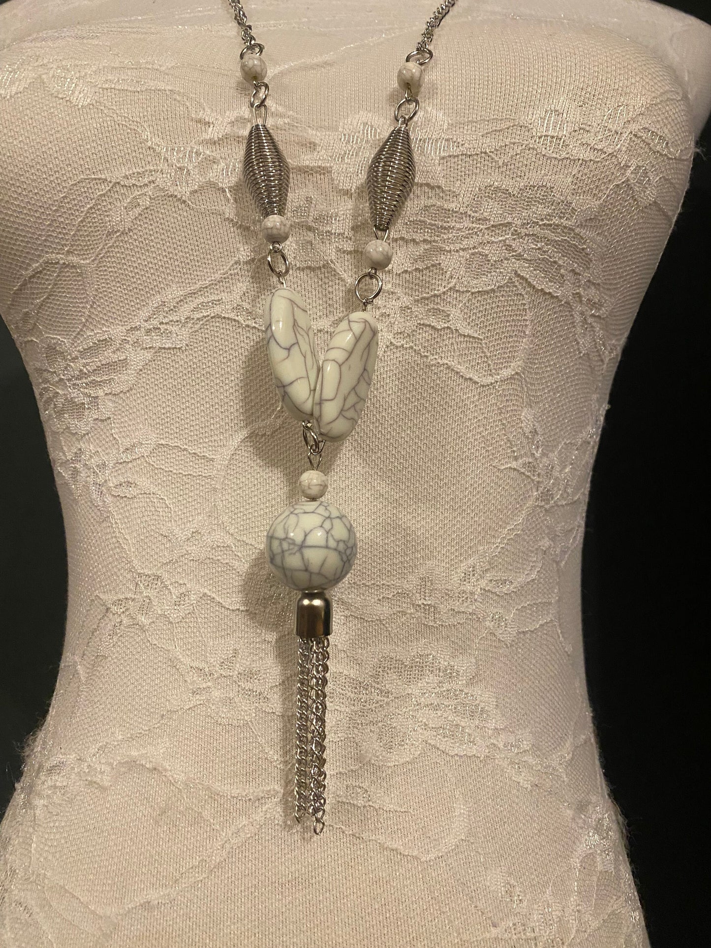 Handmade Marble Bead Necklace, Silver Chain, FAN Design