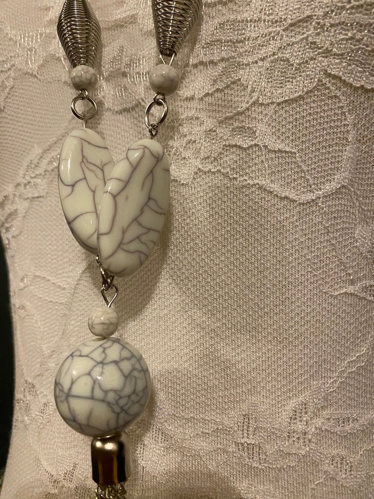 Handmade Marble Bead Necklace, Silver Chain, FAN Design
