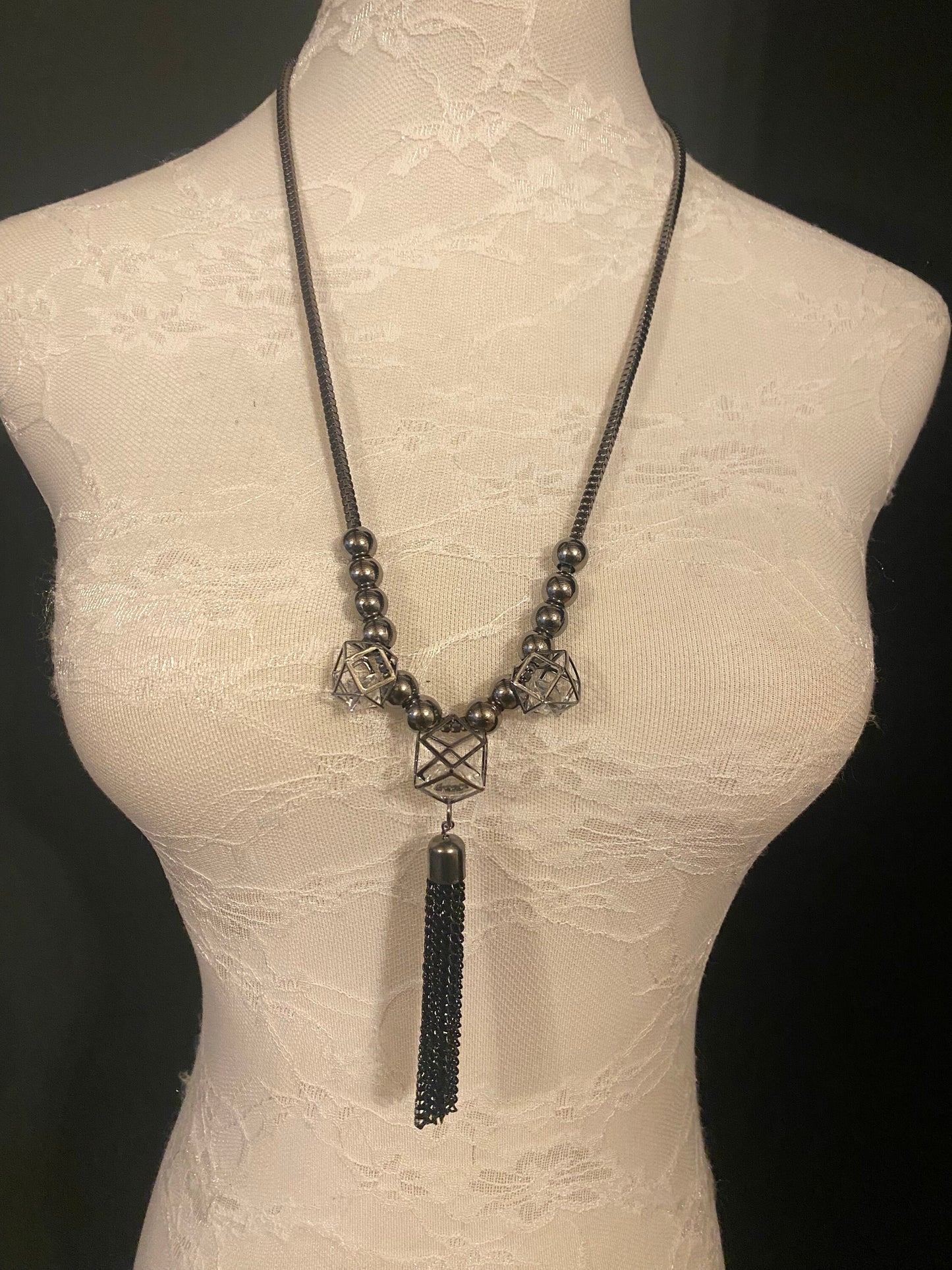 Gunmetal Beaded Tassel Necklace, Elegant Fashion Accessory
