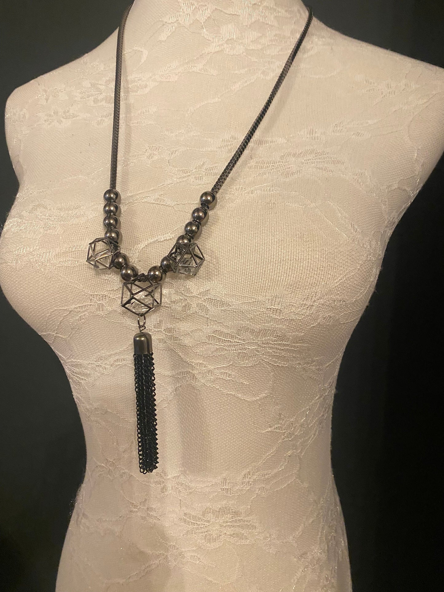 Gunmetal Beaded Tassel Necklace, Elegant Fashion Accessory