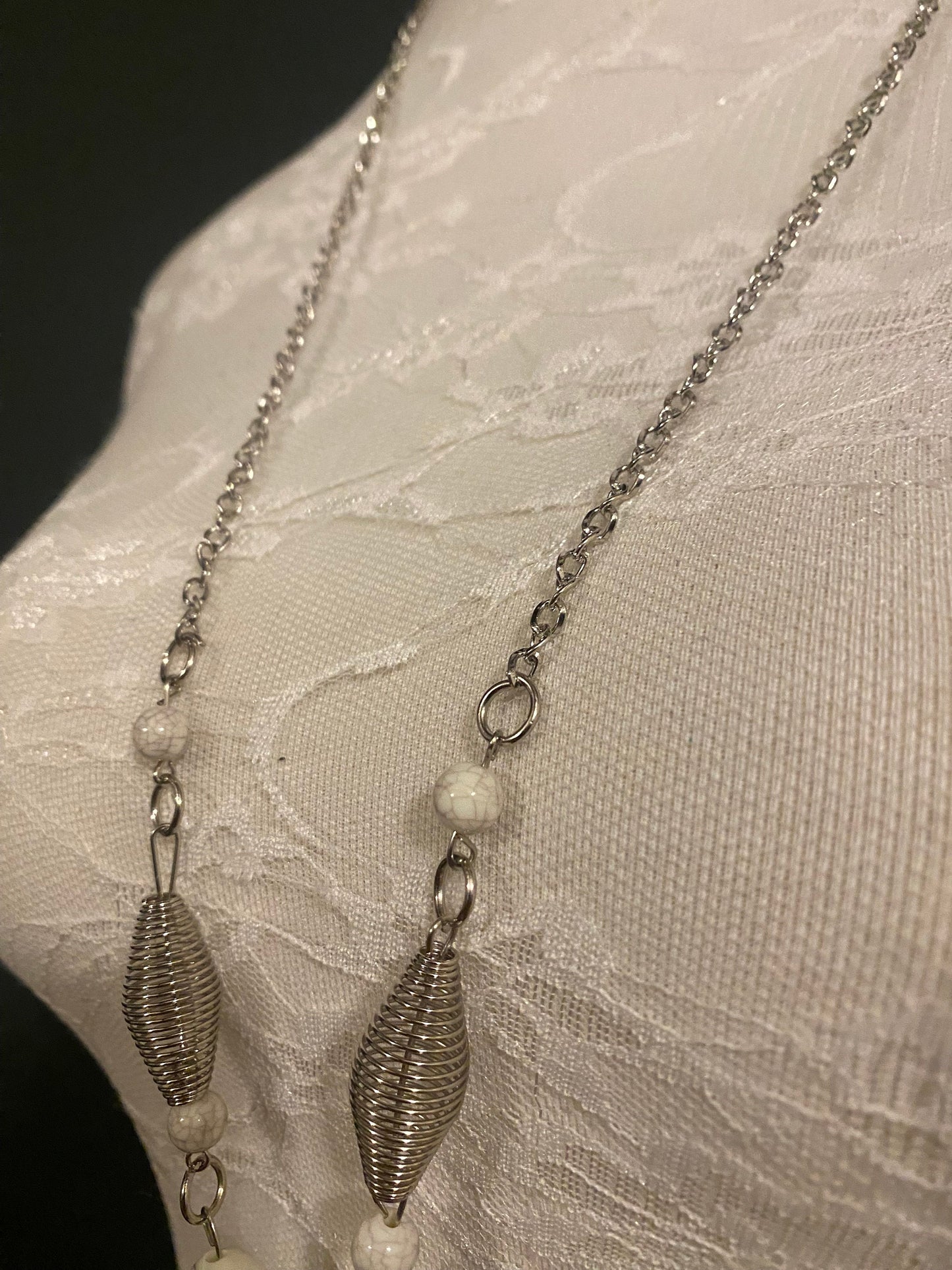 Handmade Marble Bead Necklace, Silver Chain, FAN Design