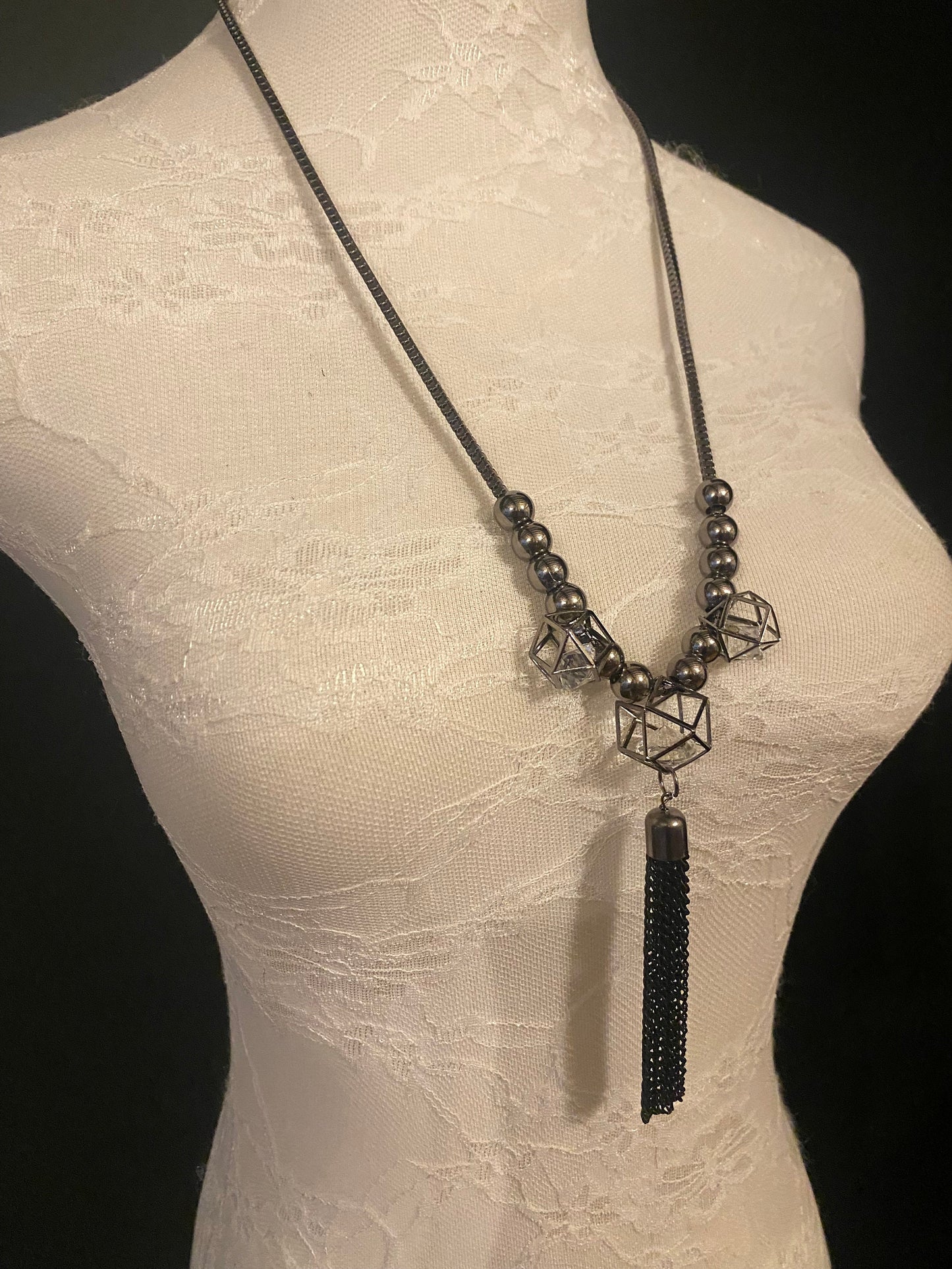 Gunmetal Beaded Tassel Necklace, Elegant Fashion Accessory
