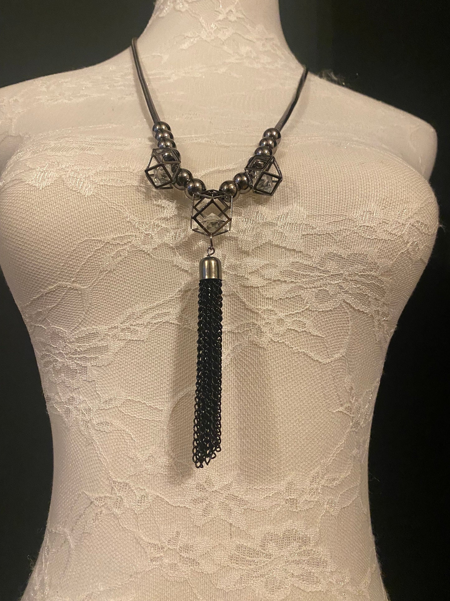 Gunmetal Beaded Tassel Necklace, Elegant Fashion Accessory
