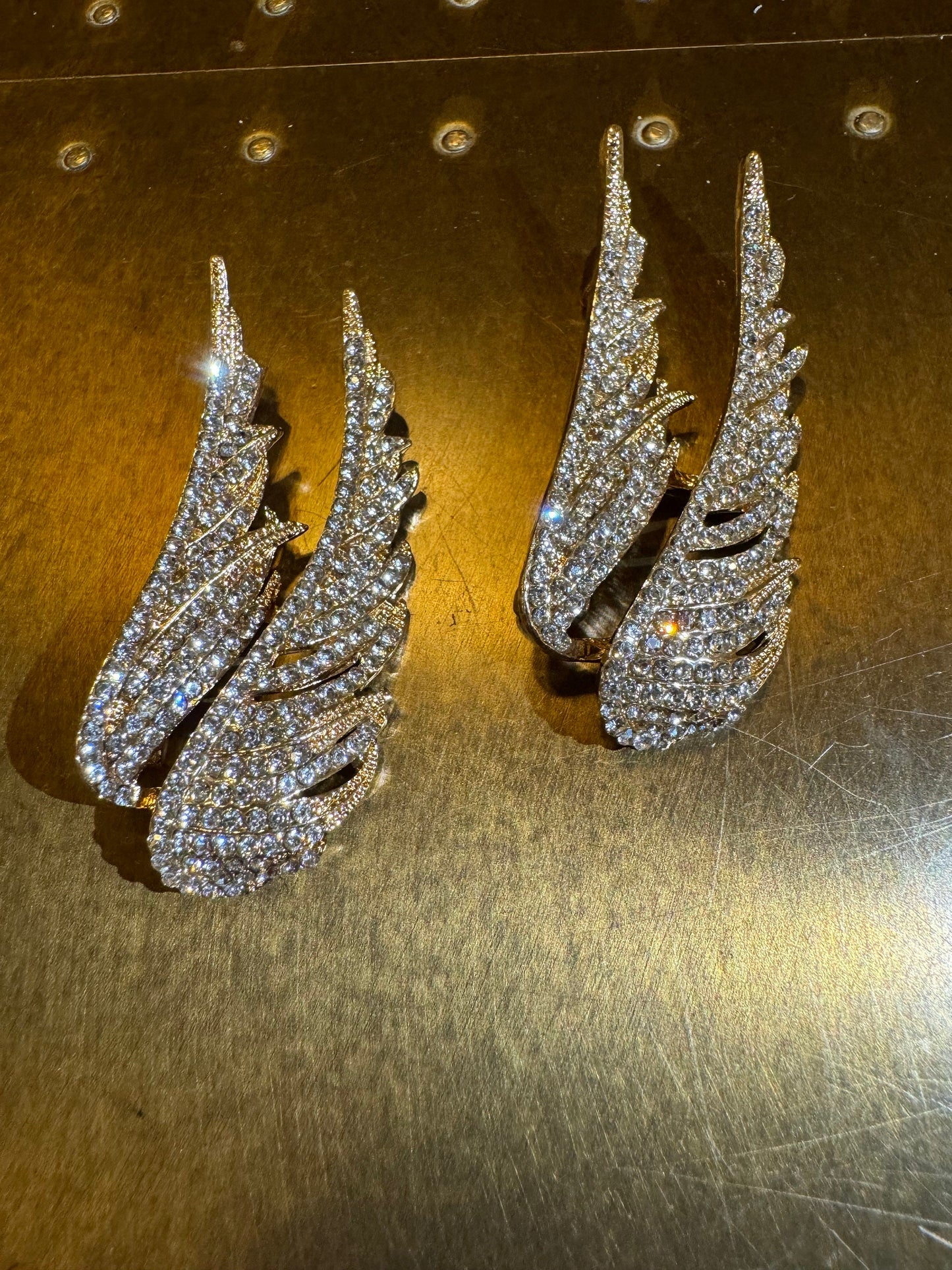 Gold Rhinestone Wing Brooch, Diamanté Jewel Pin