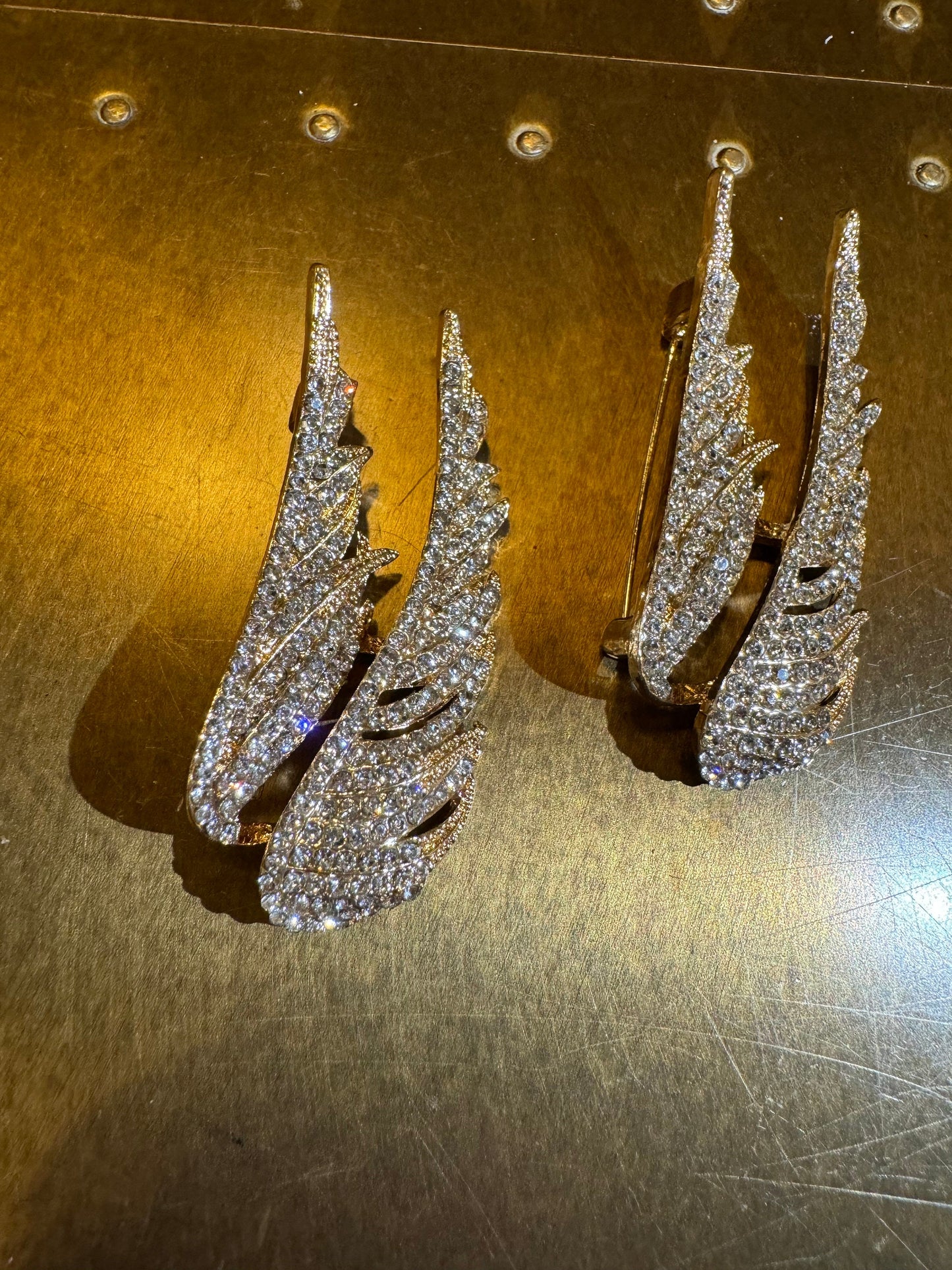 Gold Rhinestone Wing Brooch, Diamanté Jewel Pin