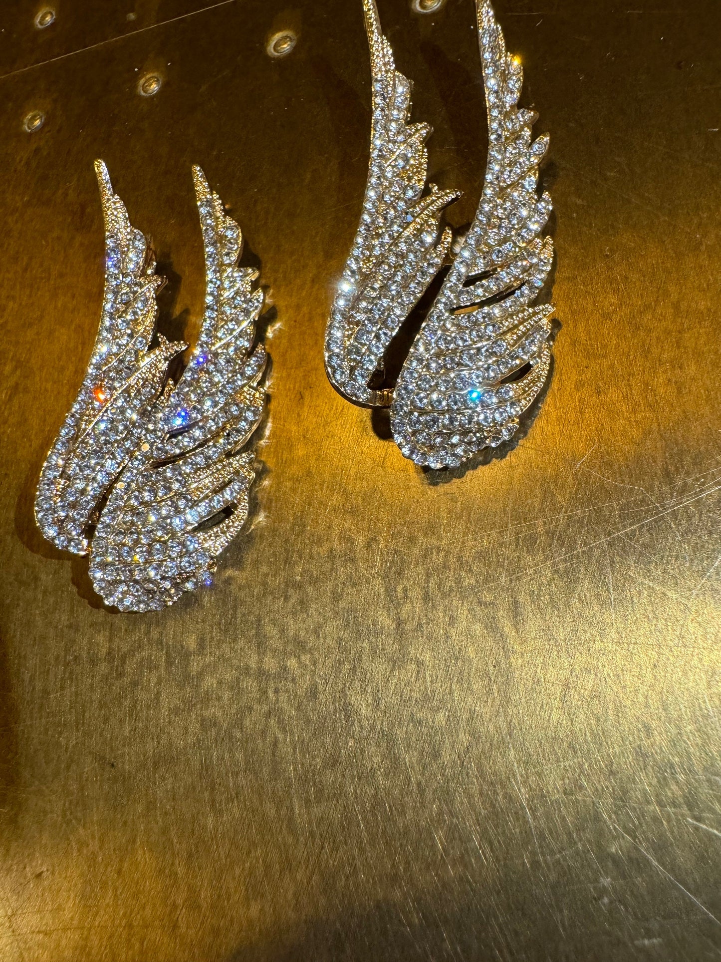Gold Rhinestone Wing Brooch, Diamanté Jewel Pin