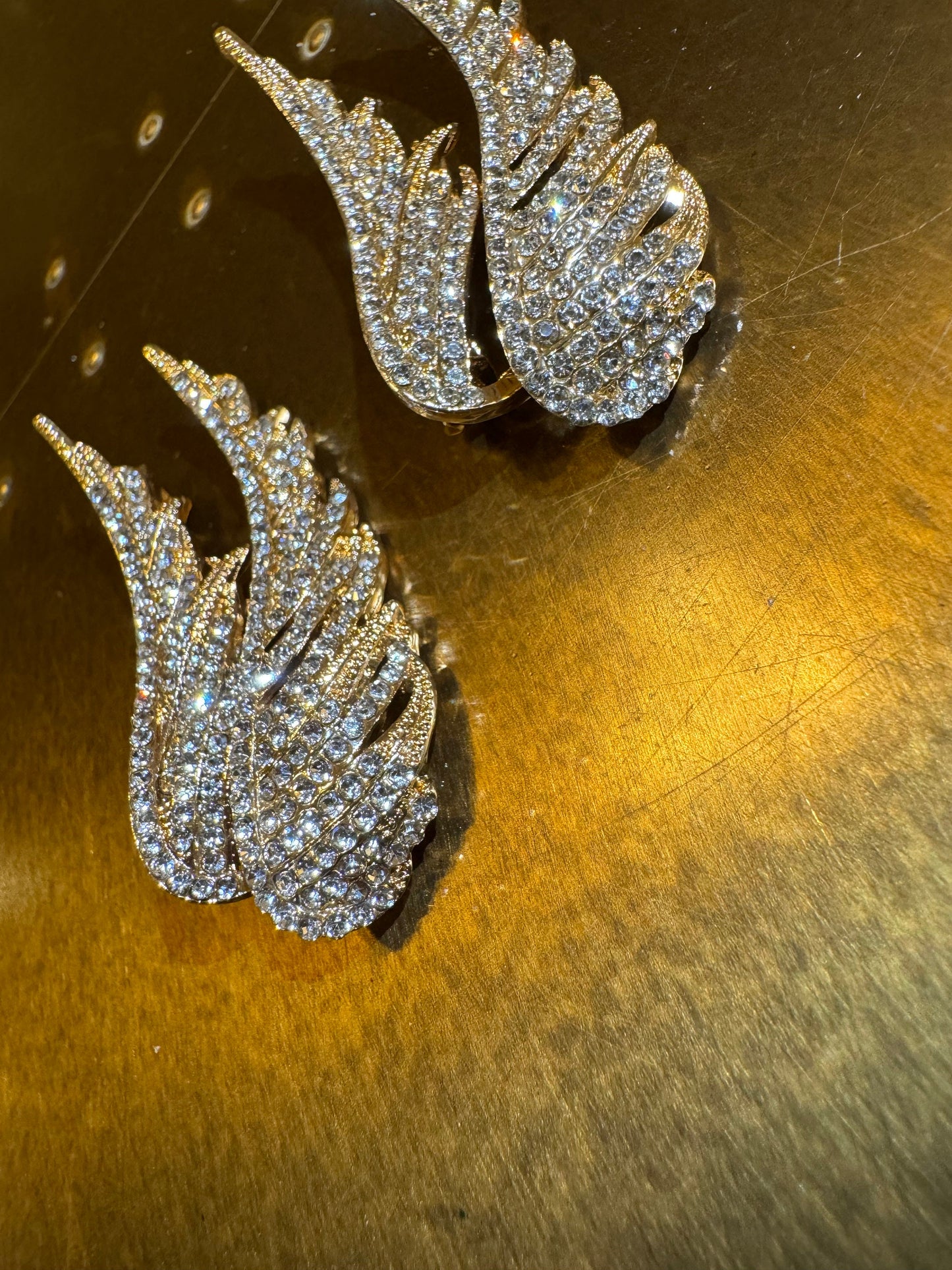Gold Rhinestone Wing Brooch, Diamanté Jewel Pin