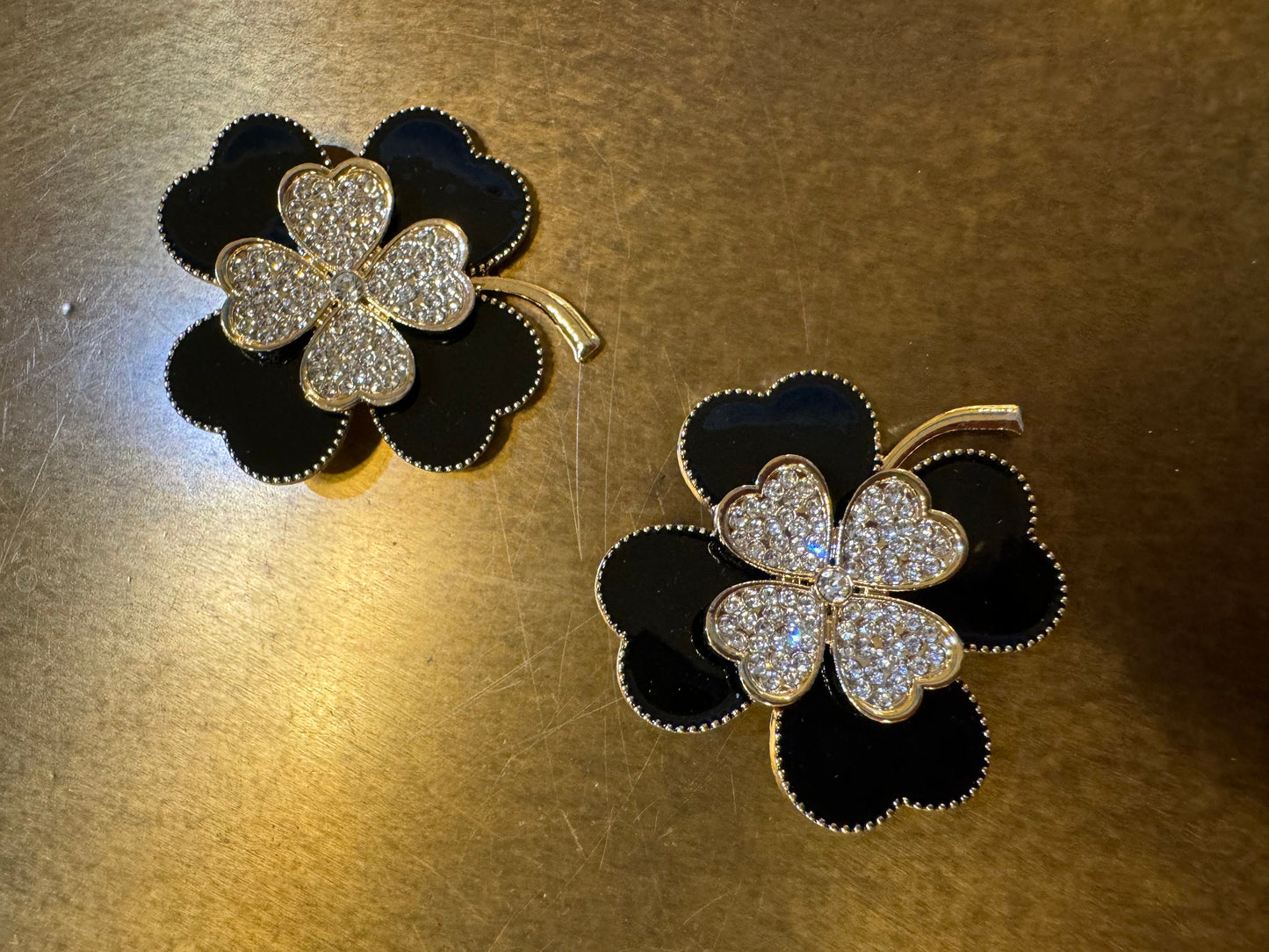 Black & Gold Rhinestone Four-Leaf Clover Brooch