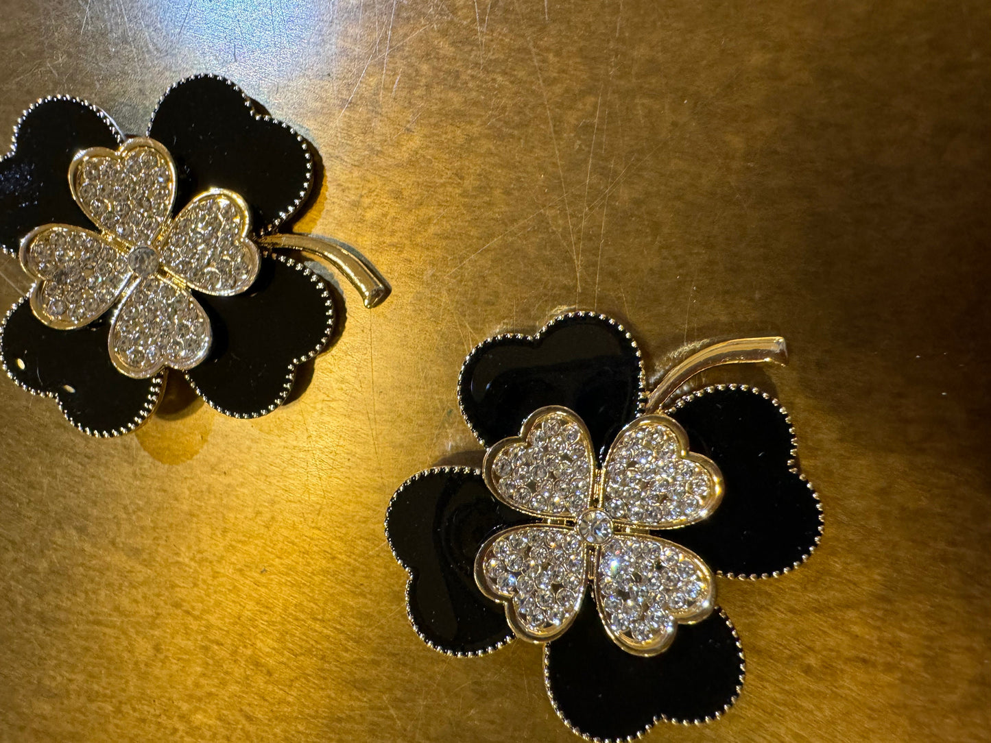 Black & Gold Rhinestone Four-Leaf Clover Brooch