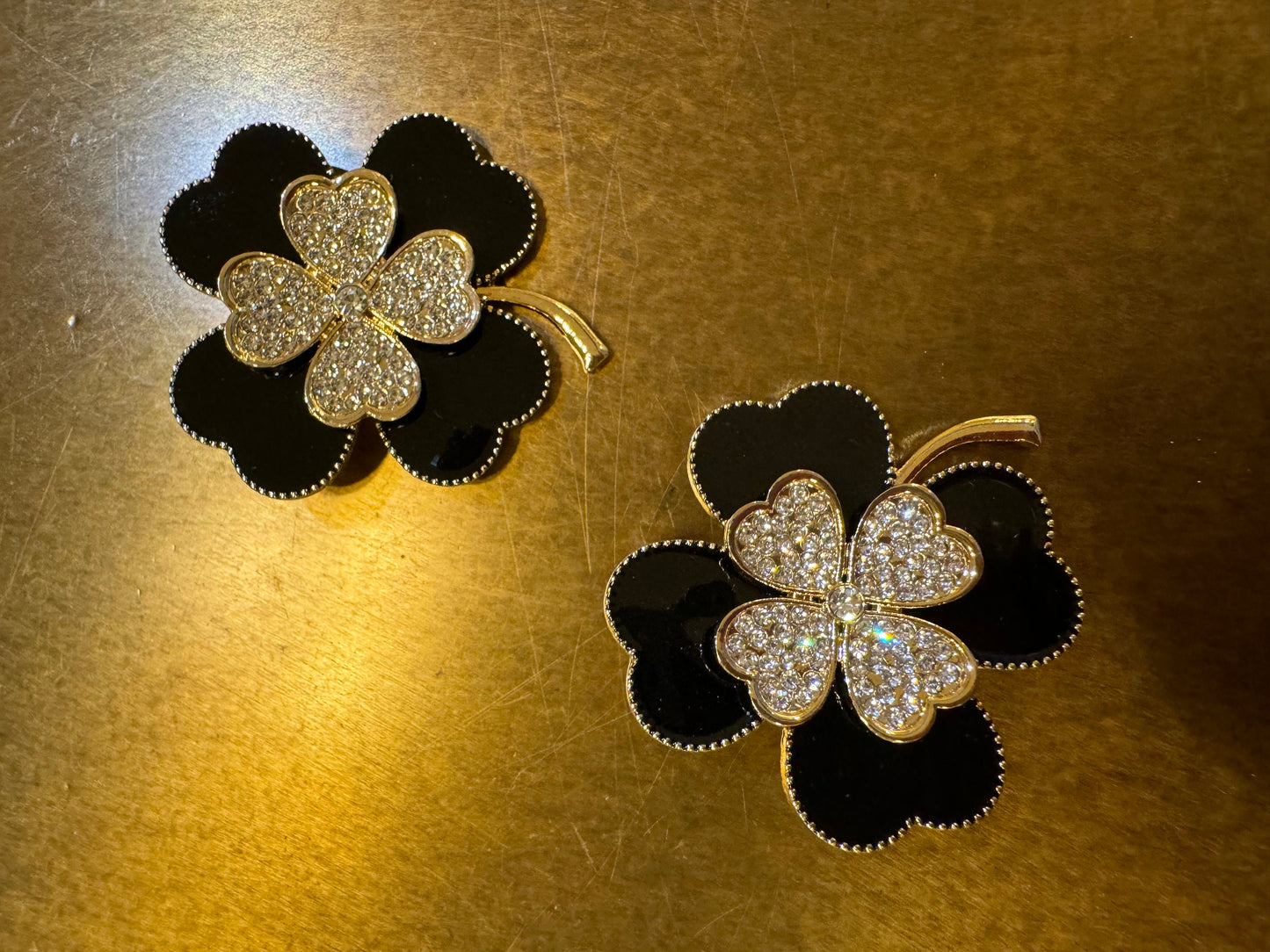 Black & Gold Rhinestone Four-Leaf Clover Brooch