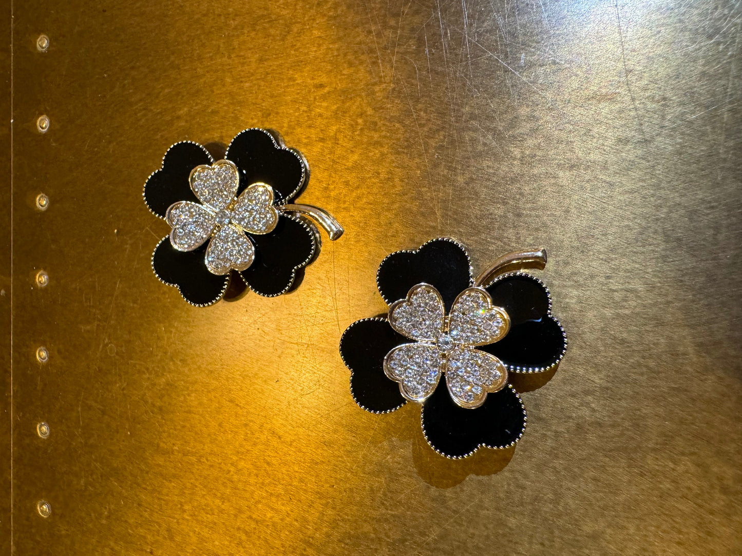 Black & Gold Rhinestone Four-Leaf Clover Brooch