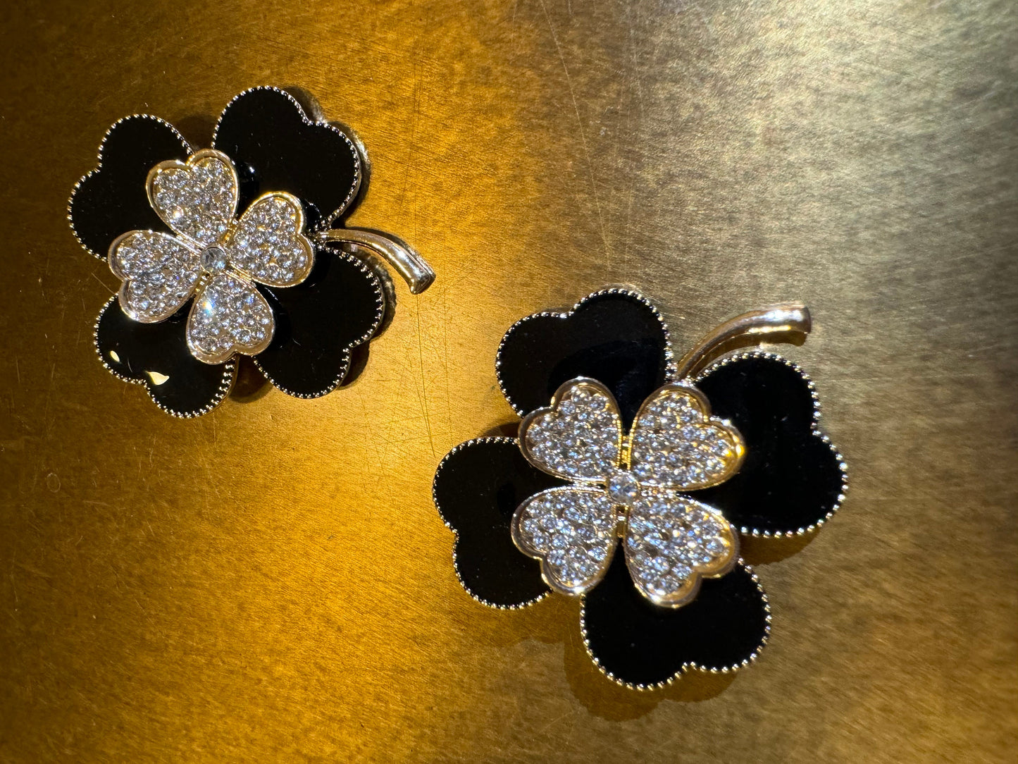Black & Gold Rhinestone Four-Leaf Clover Brooch