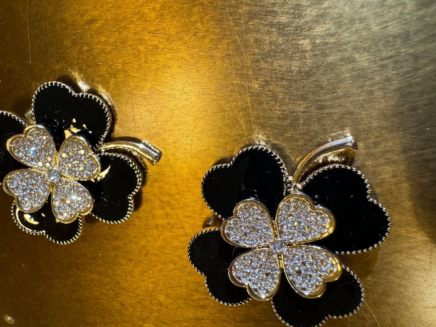 Black & Gold Rhinestone Four-Leaf Clover Brooch