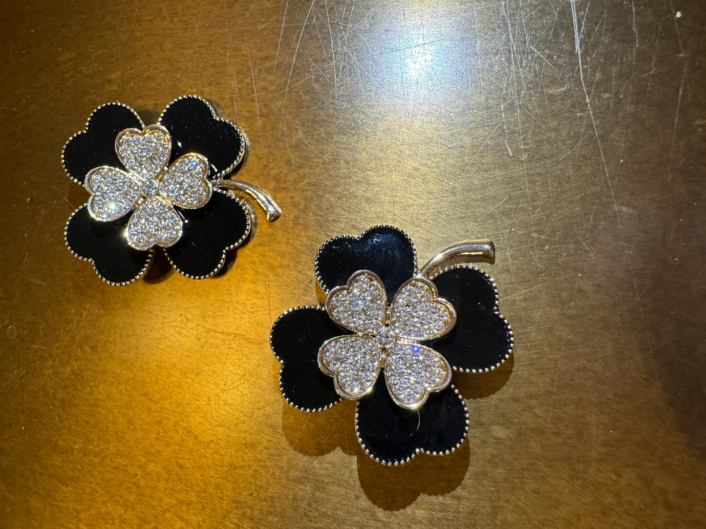 Black & Gold Rhinestone Four-Leaf Clover Brooch