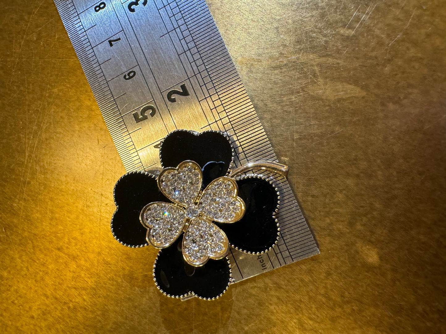 Black & Gold Rhinestone Four-Leaf Clover Brooch