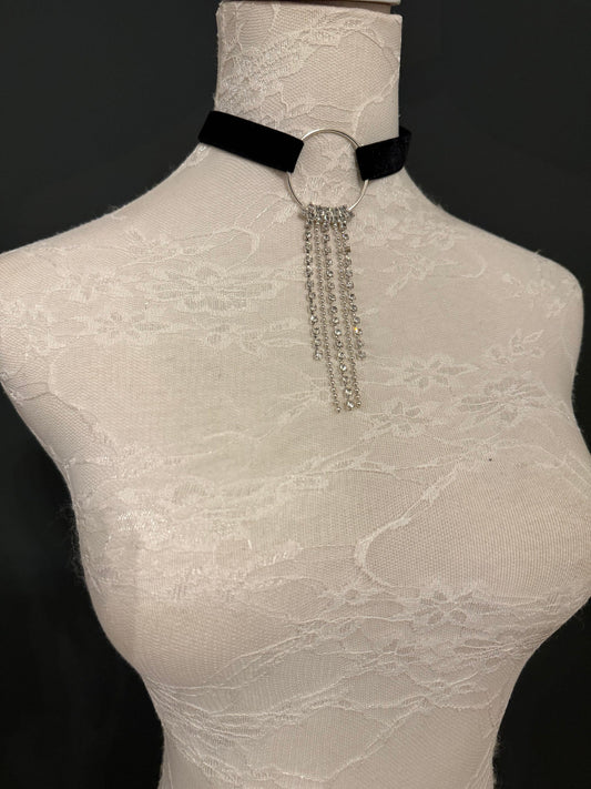 Rhinestone Velvet Black Choker, Black Choker Necklace, Diamanté Fringe Black choker, Wine, Royal Blue, White, Red, 5 Colours, Classic Choker