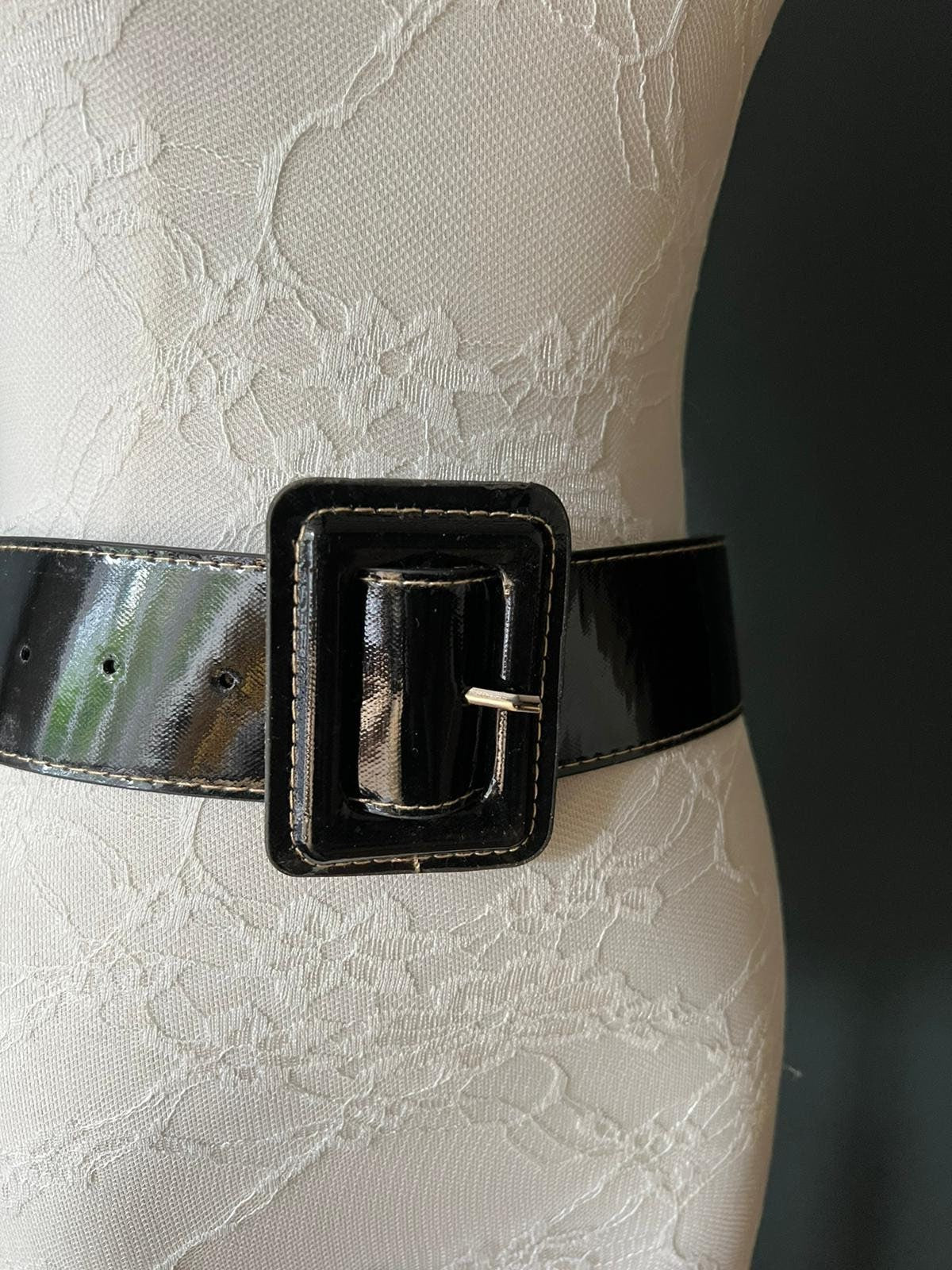 Patent Black Belt, Oversized Buckle, White Stitch Detail