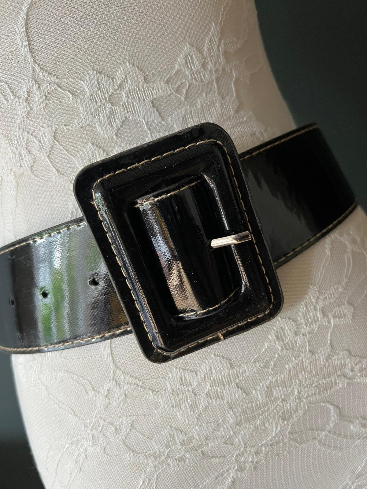 Patent Black Belt, Oversized Buckle, White Stitch Detail