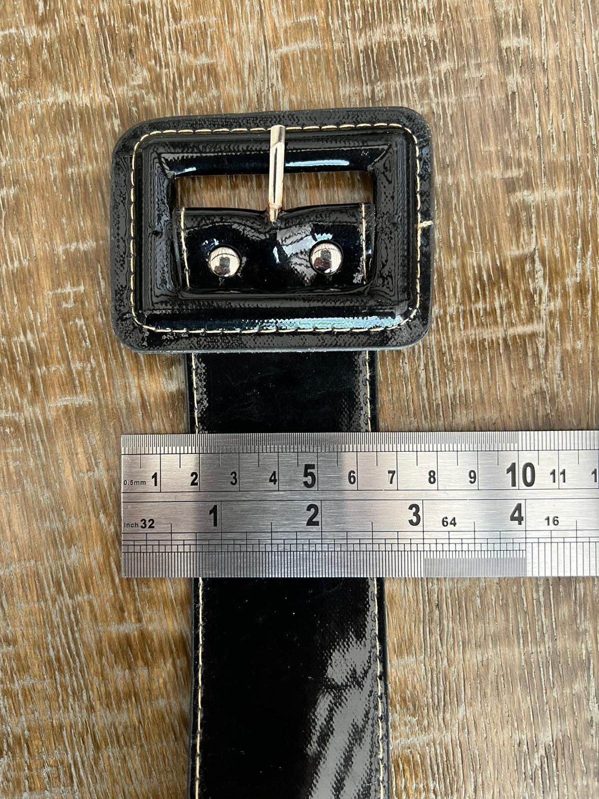 Patent Black Belt, Oversized Buckle, White Stitch Detail
