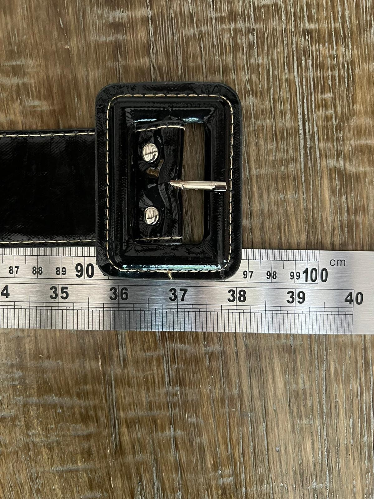 Patent Black Belt, Oversized Buckle, White Stitch Detail