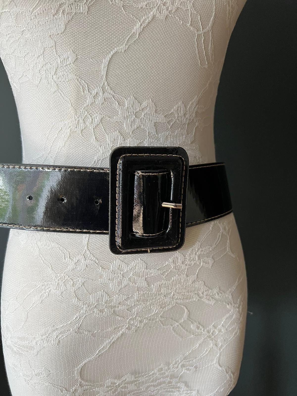 Patent Black Belt, Oversized Buckle, White Stitch Detail