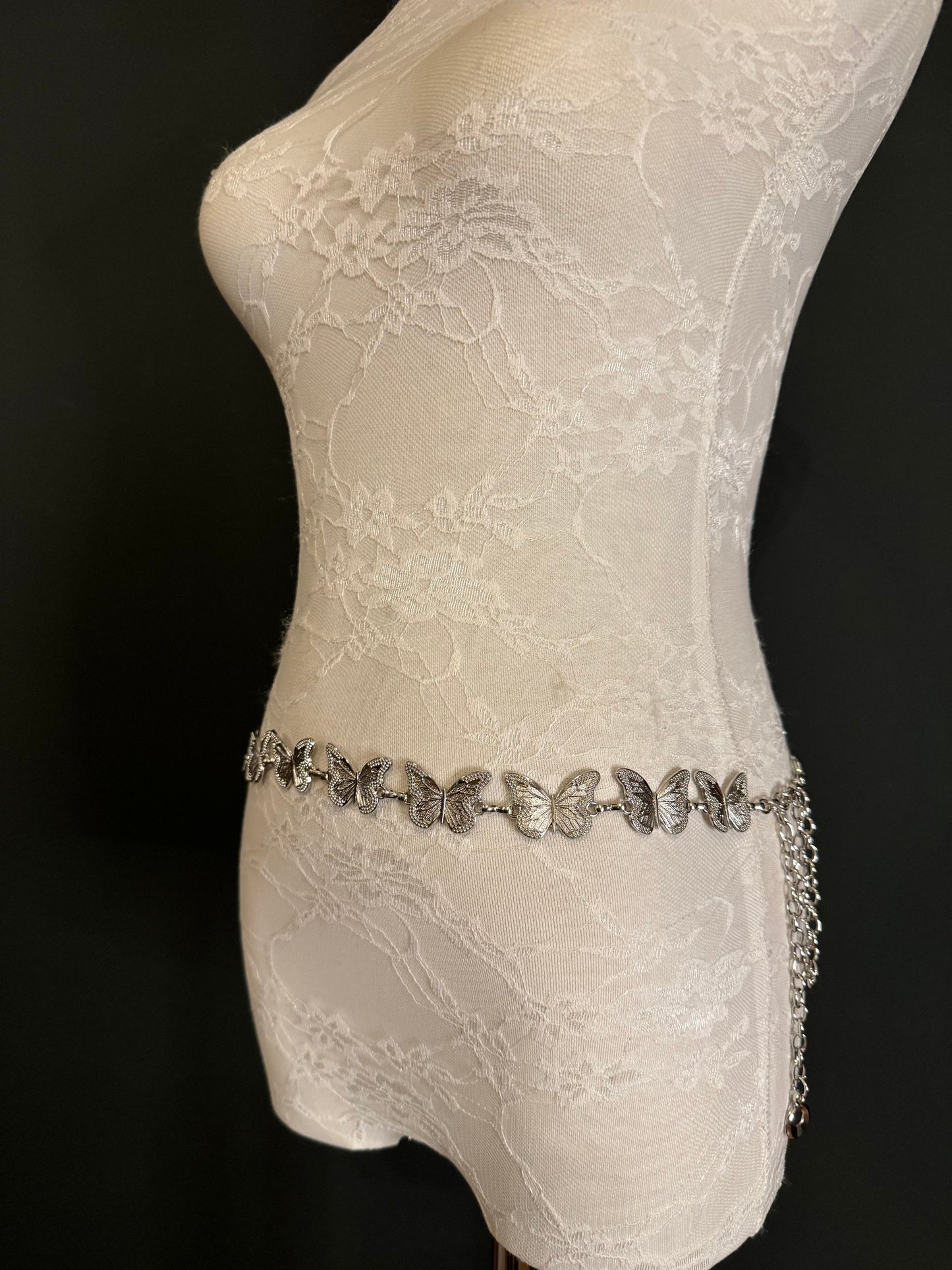 X-long Ring Butterfly Belt, Metal Belt, Teen Sizes, UK Size 18”-60”, Fan Design, Fan Collection, Silver Metal belt, Fashion Accessory