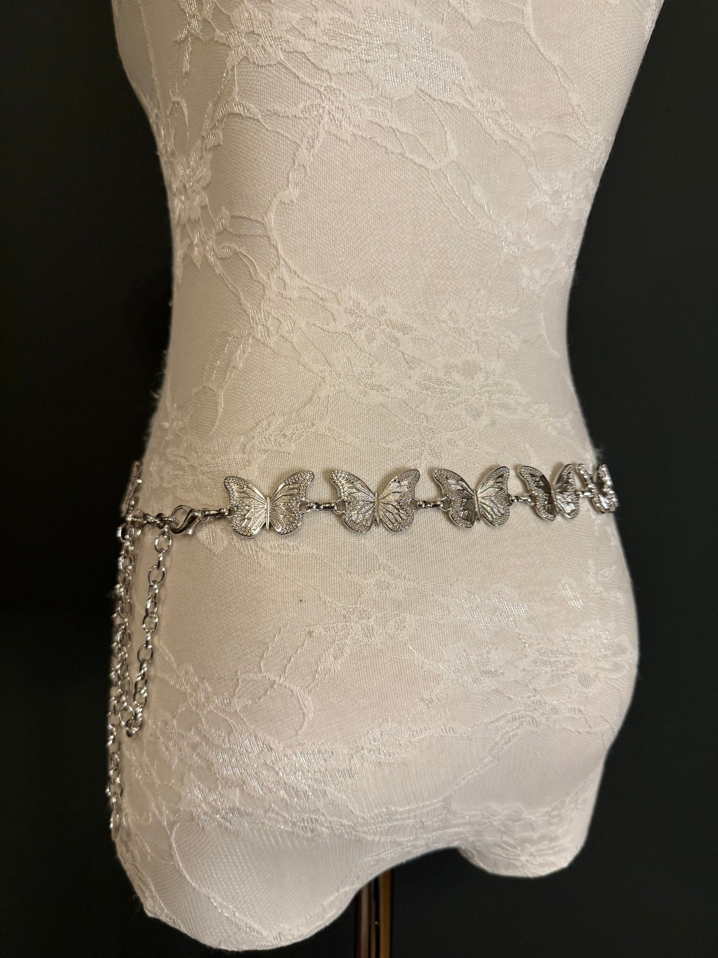 X-long Ring Butterfly Belt, Metal Belt, Teen Sizes, UK Size 18”-60”, Fan Design, Fan Collection, Silver Metal belt, Fashion Accessory