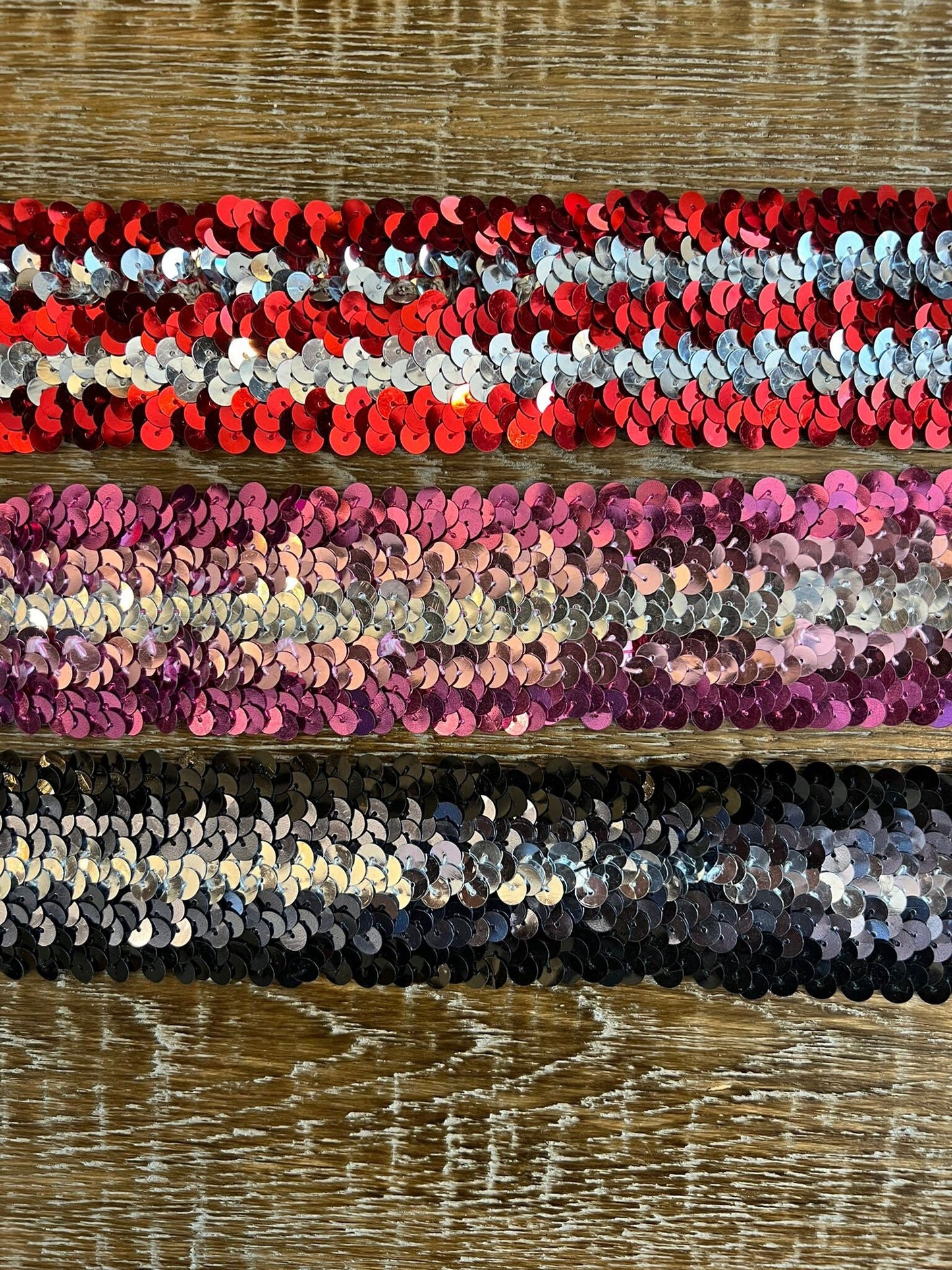 Elastic Sequins Tri-Colour, Stretch sequins, Black, Pink, Red, High Quality, 45mm Wide, 1 3/4” Wide