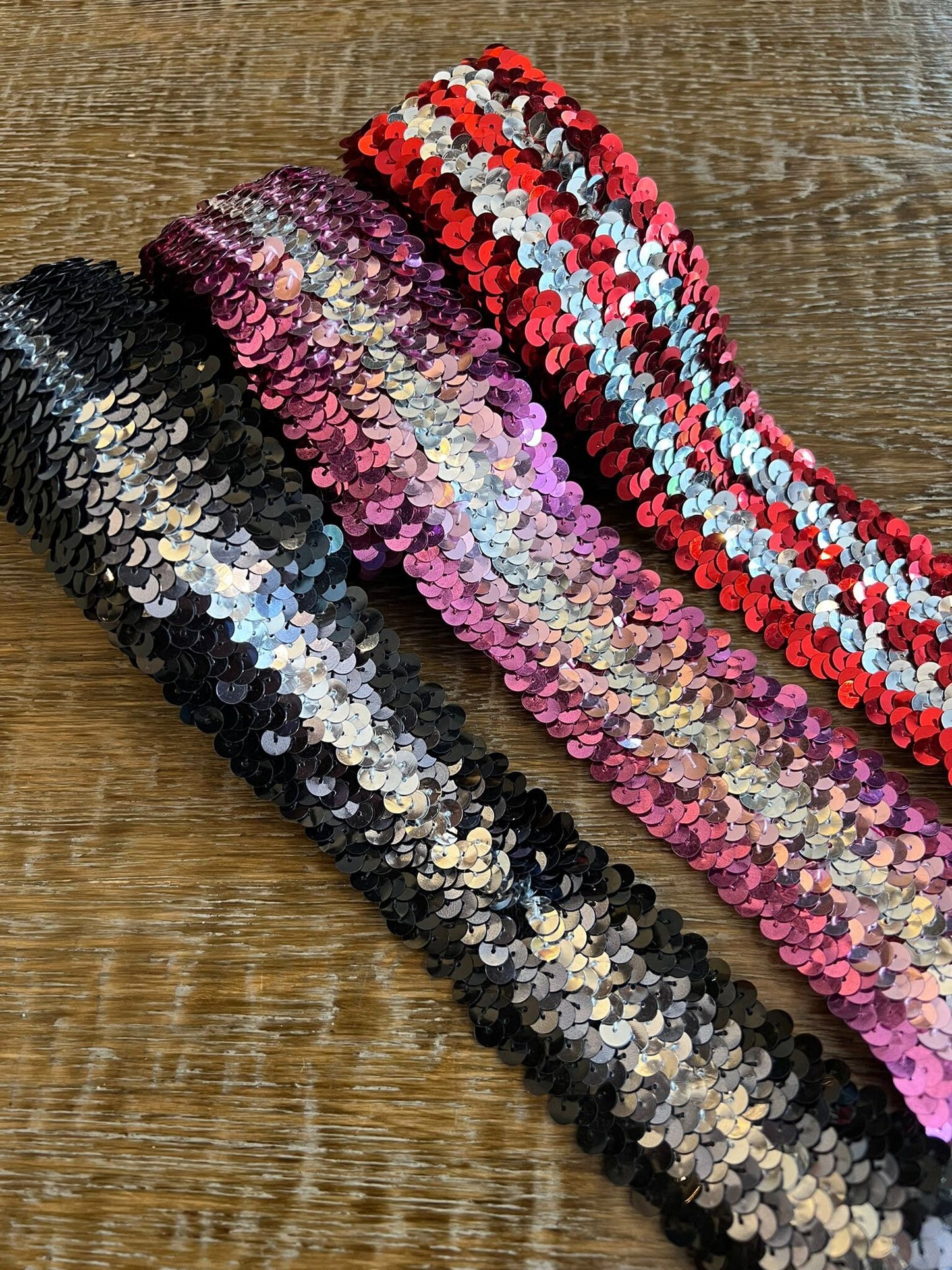 Elastic Sequins Tri-Colour, Stretch sequins, Black, Pink, Red, High Quality, 45mm Wide, 1 3/4” Wide