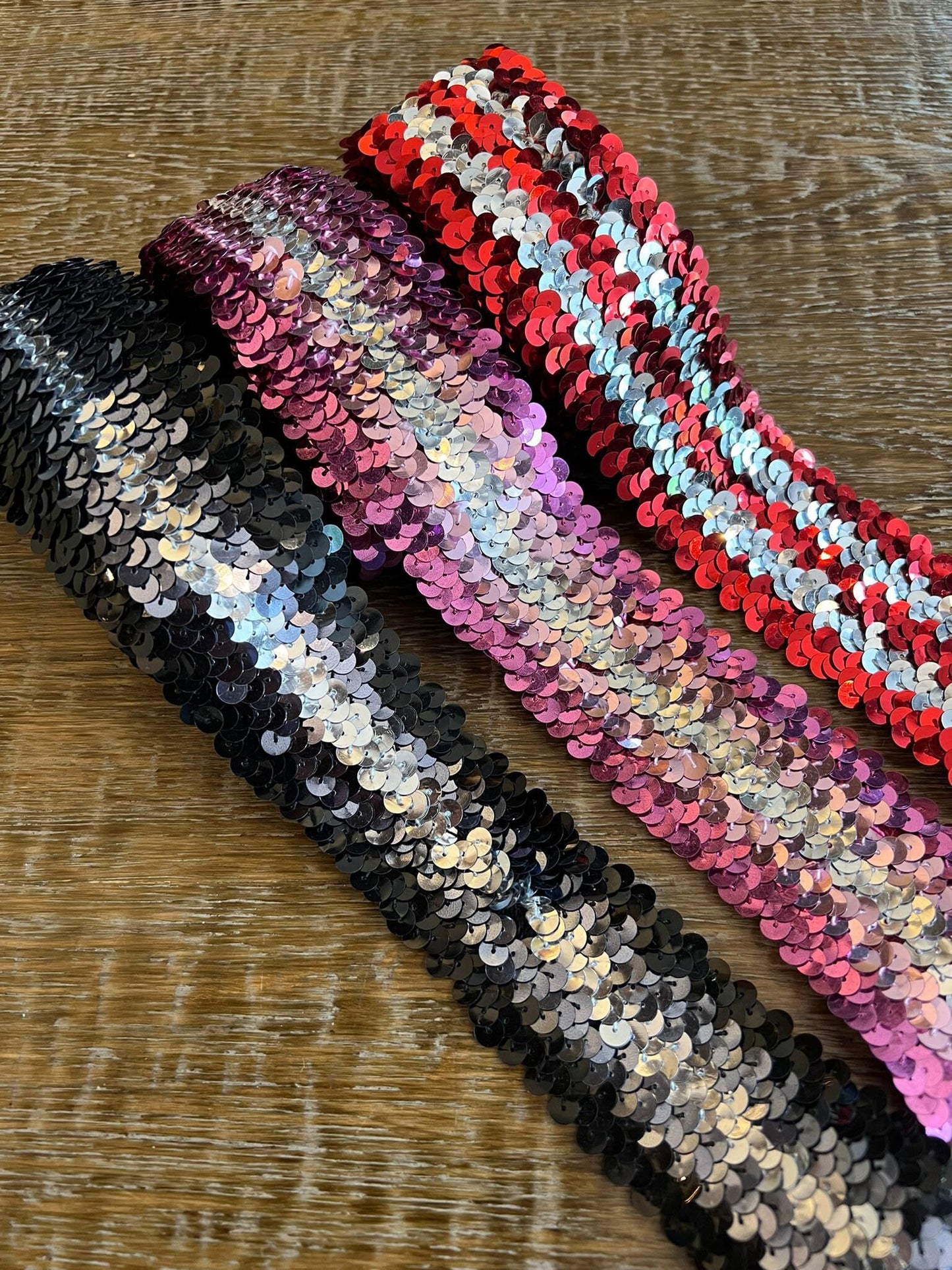 Tricolor Stretch Sequin Trim, Black, Pink, Red, 45mm Wide
