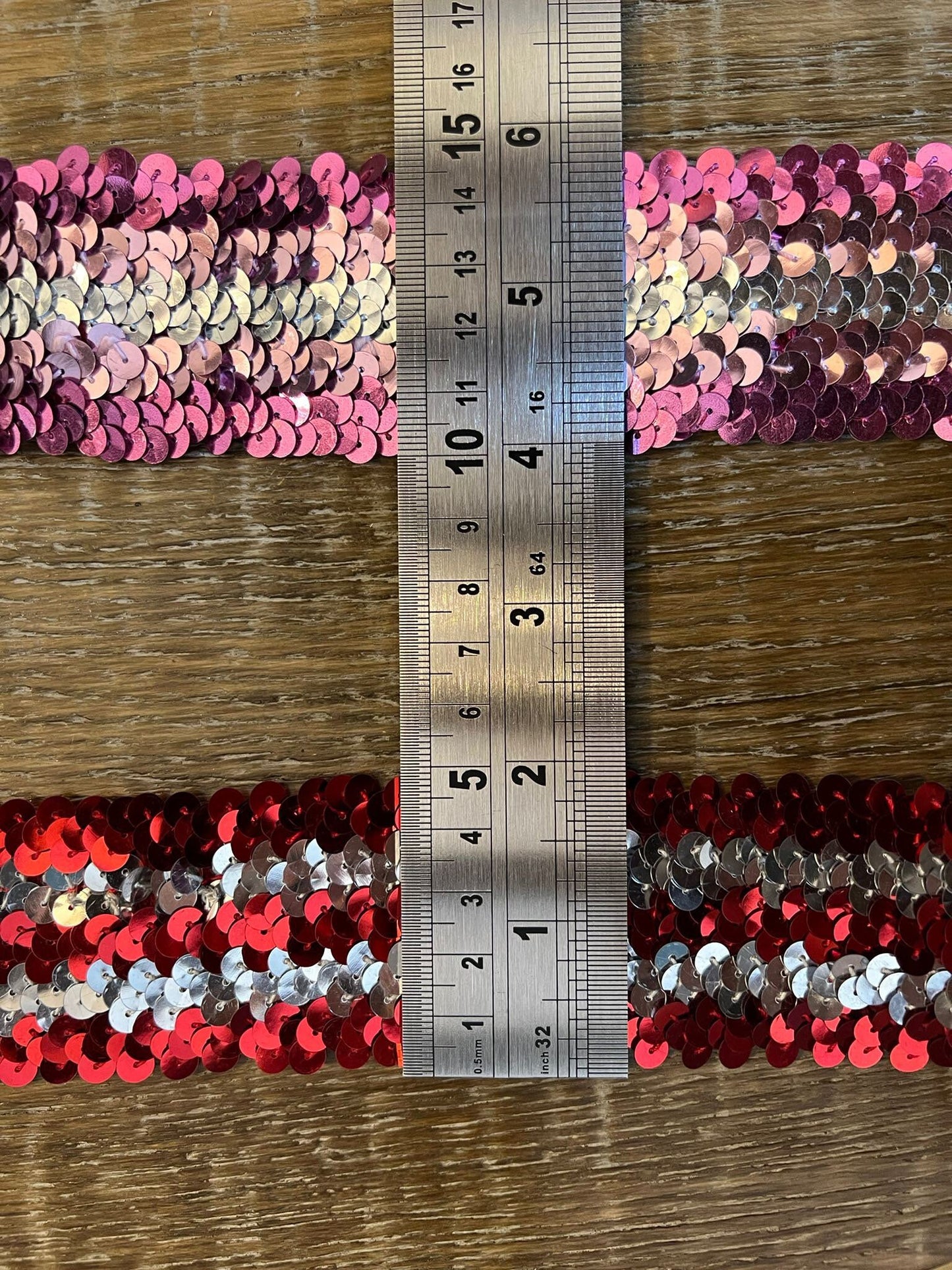 Elastic Sequins Tri-Colour, Stretch sequins, Black, Pink, Red, High Quality, 45mm Wide, 1 3/4” Wide