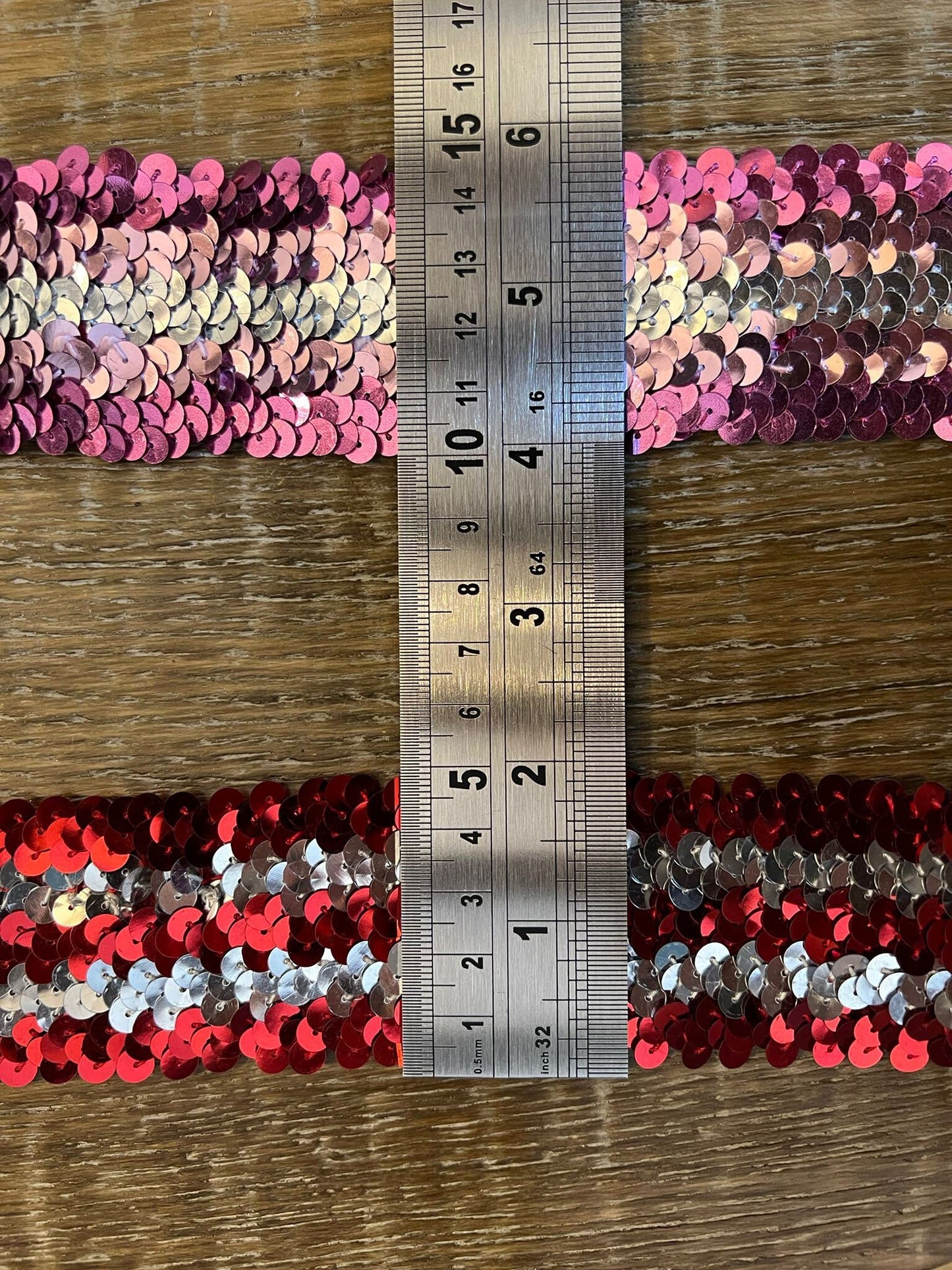 Tricolor Stretch Sequin Trim, Black, Pink, Red, 45mm Wide