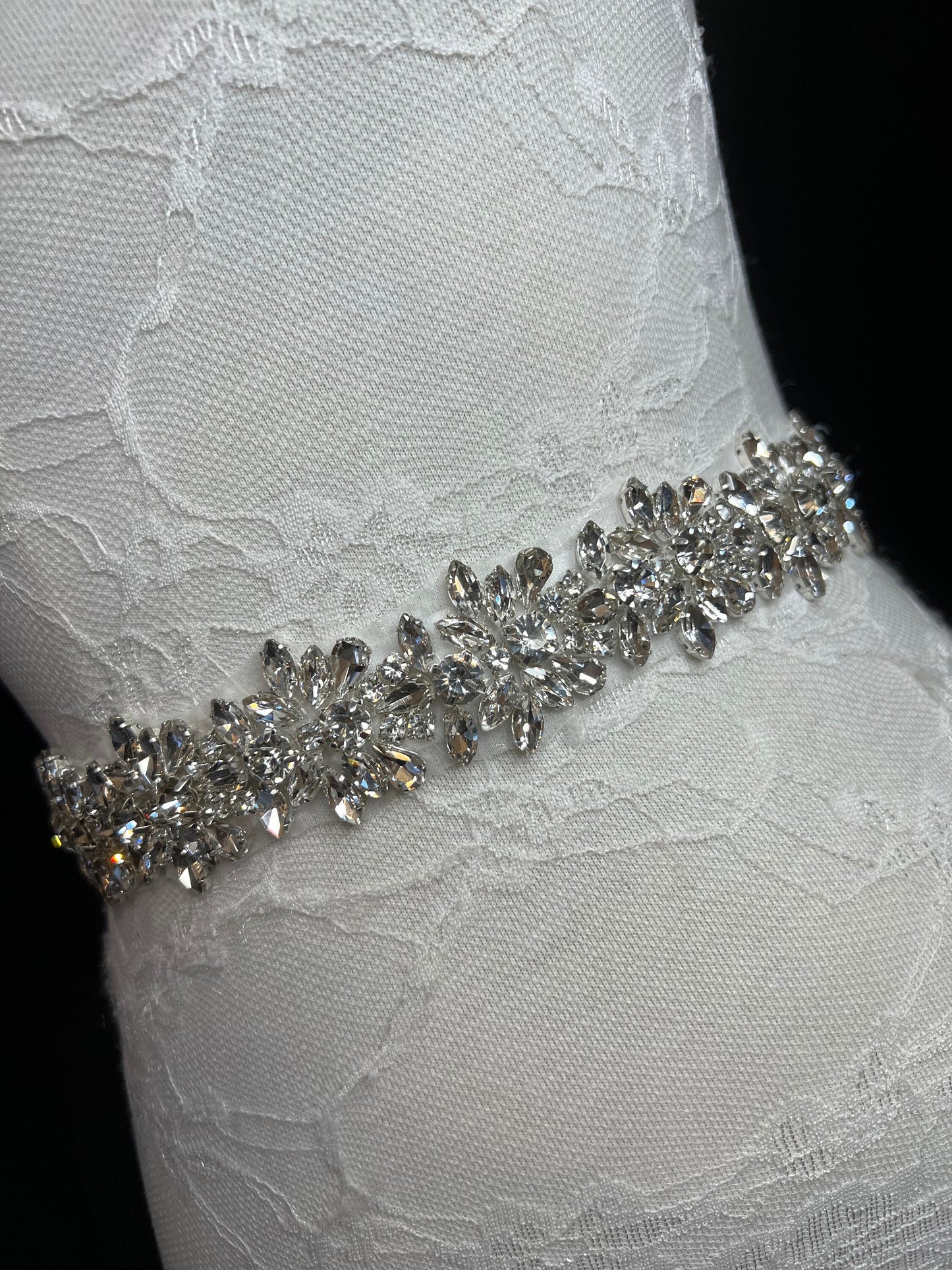 Crystal Rhinestone Bridal Belt, Silver Base, White Ribbon Sash