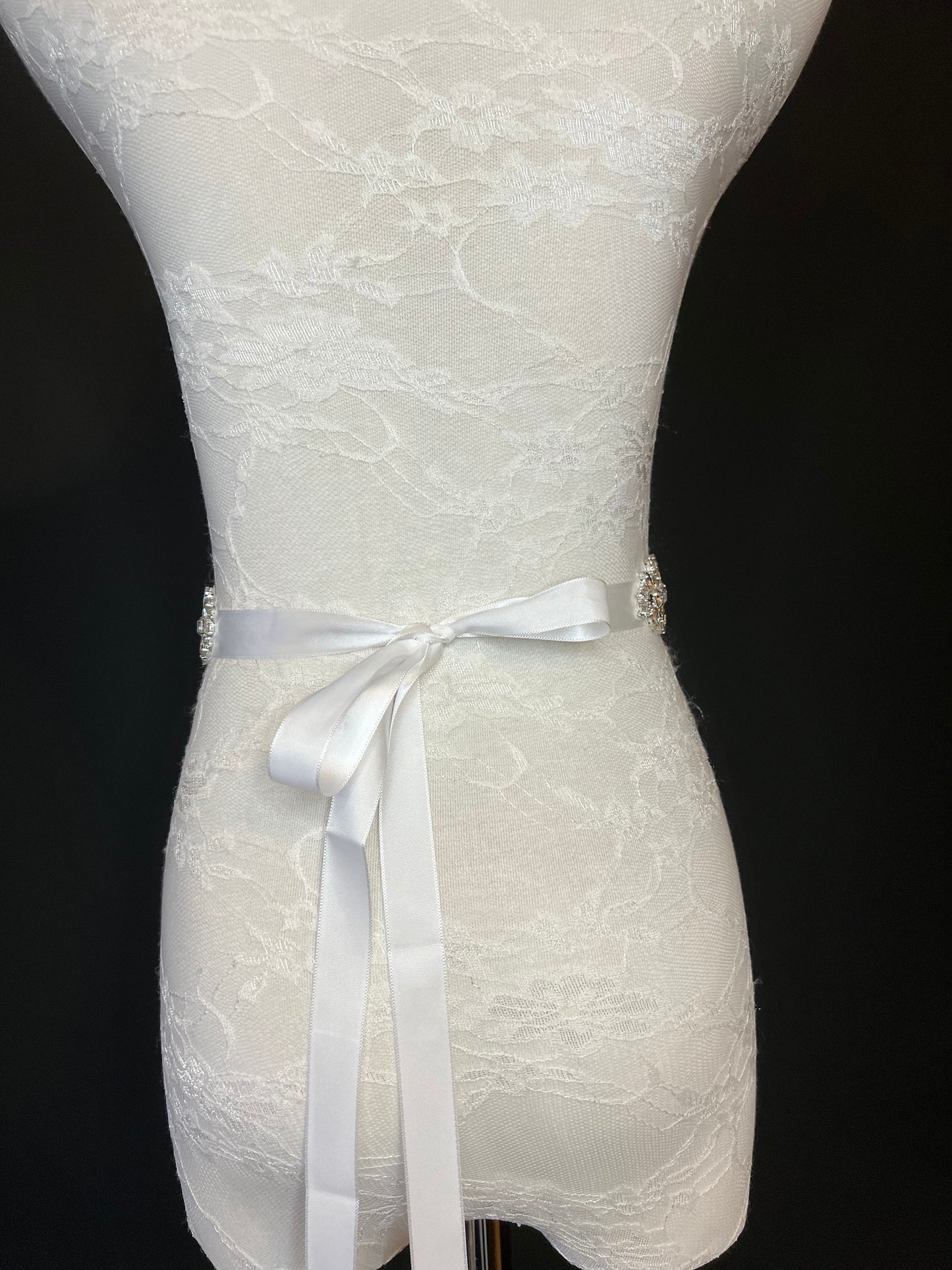 Crystal Rhinestone Bridal Belt, Silver Base, White Ribbon Sash