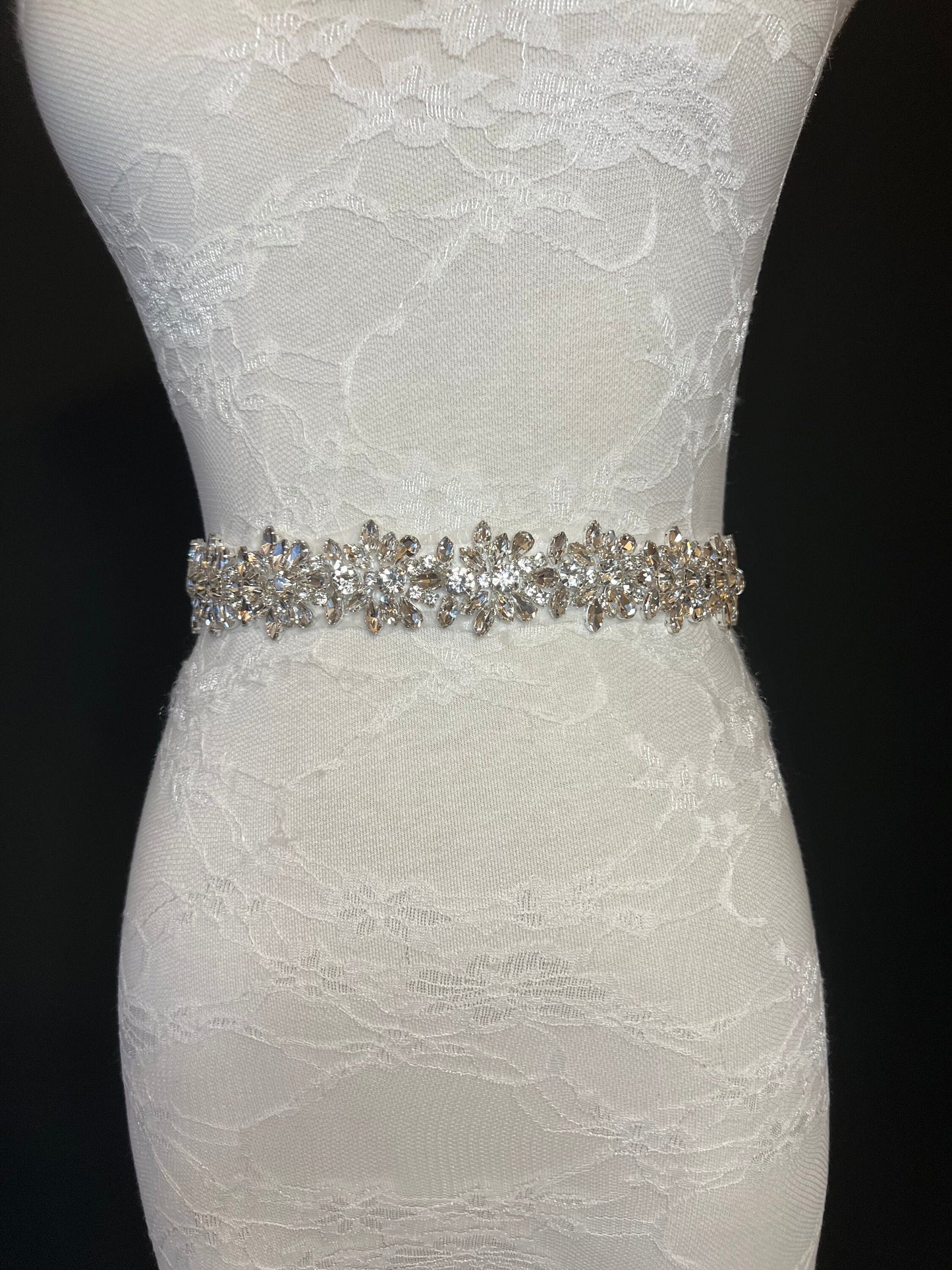 Crystal Rhinestone Bridal Belt, Silver Base, White Ribbon Sash