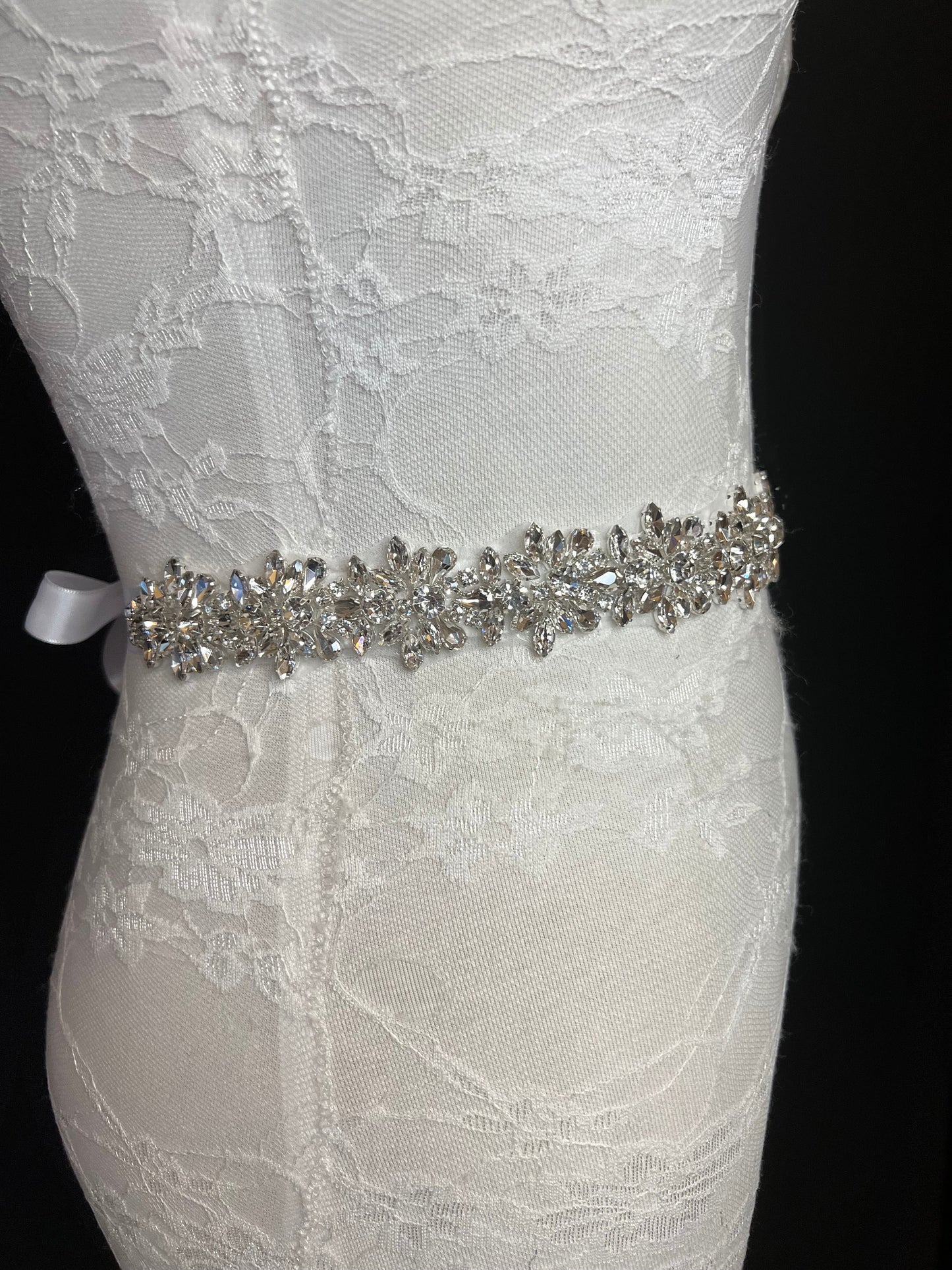 Crystal Rhinestone Bridal Belt, Silver Base, White Ribbon Sash