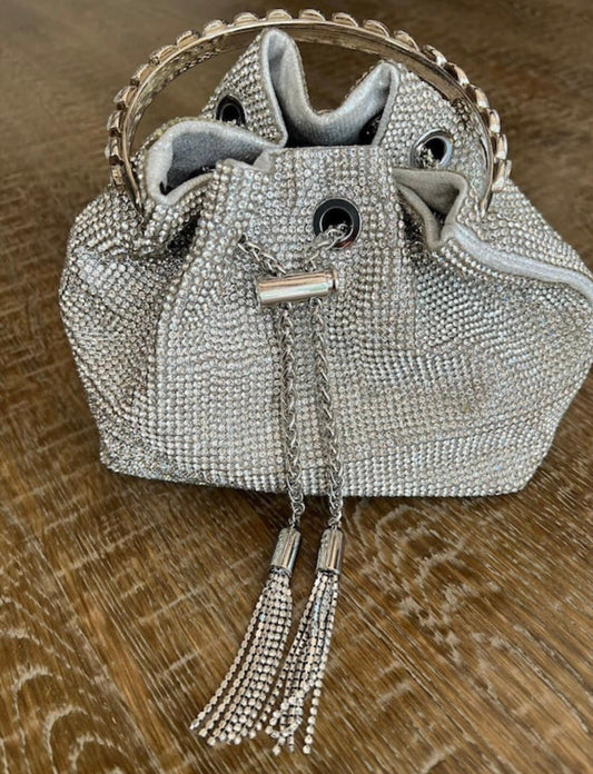 Rhinestone Handbag, Jewel Bucket Bag, Handmade Rhinestone Diamanté Handbag, Silver, Gold, Crystal Mesh Bag with Crystal Handle, Satin Lining